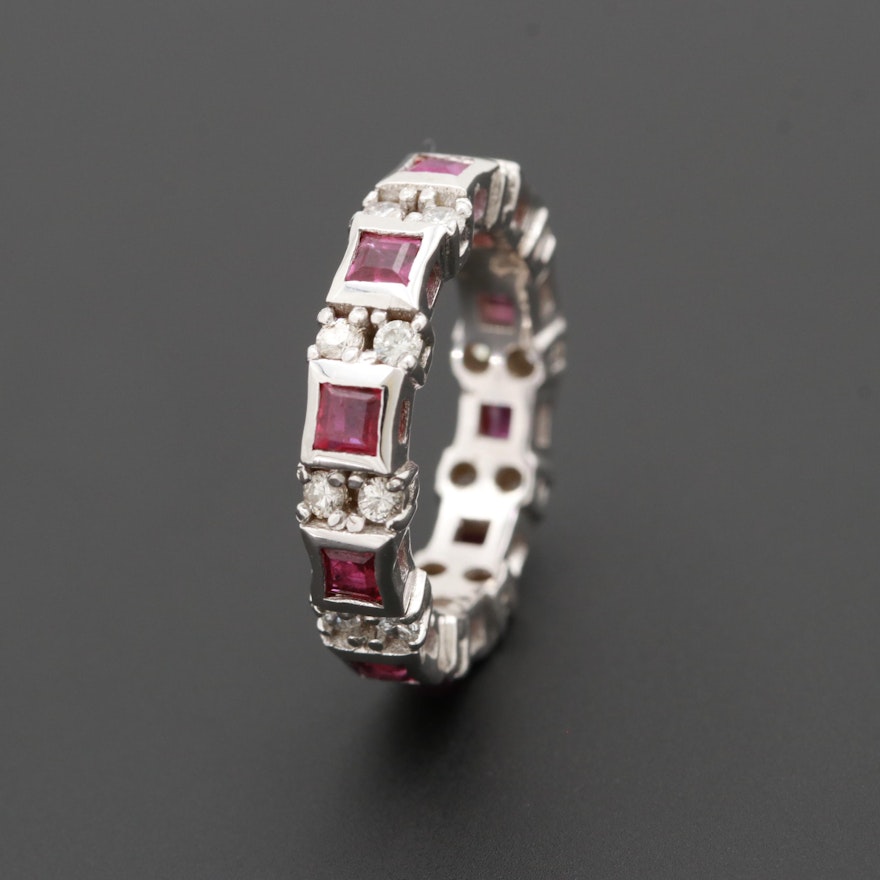 14K White Gold Ruby and Diamond Eternity Band