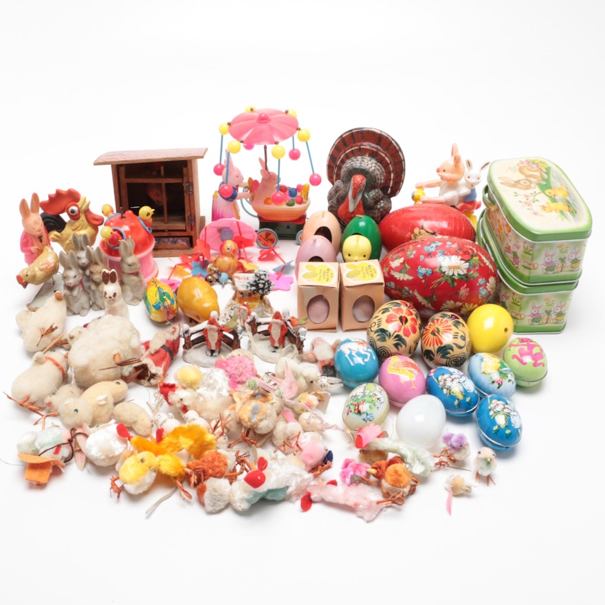 Easter Decor and Toys Including Eggs, Candles, and Tins