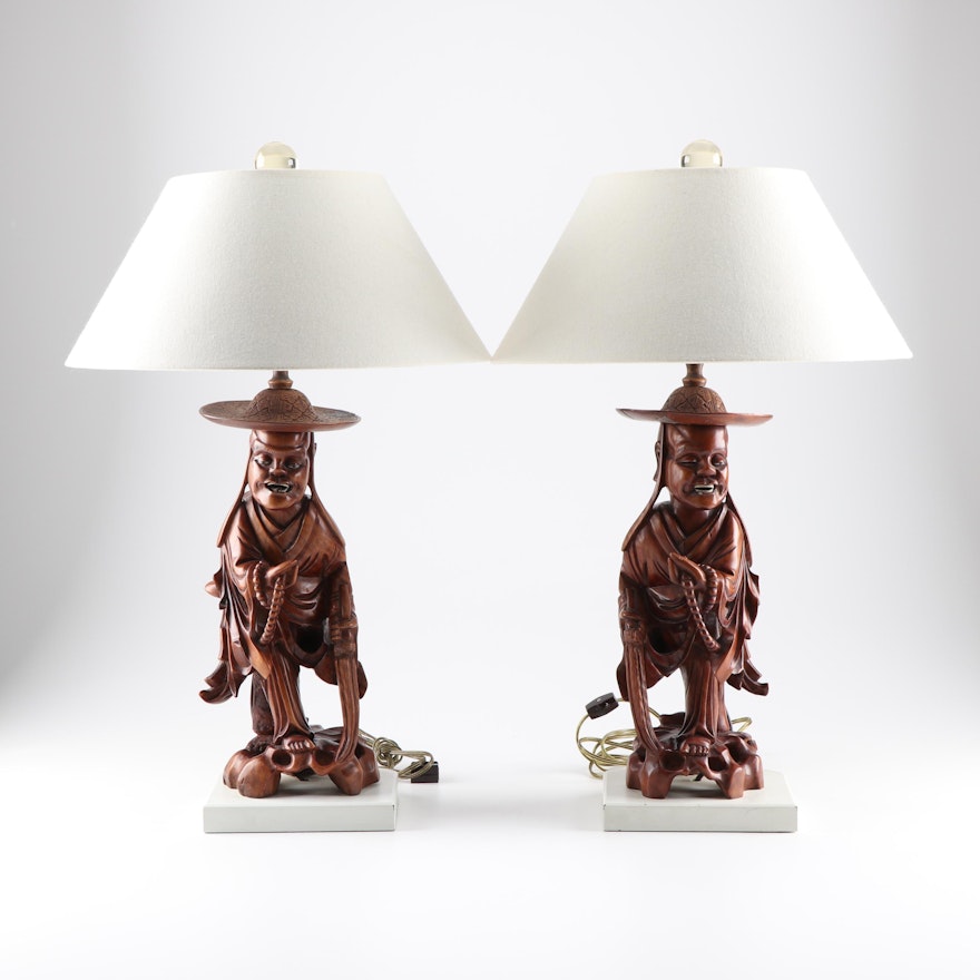 Chinese Figural Wood Carved Table Lamps