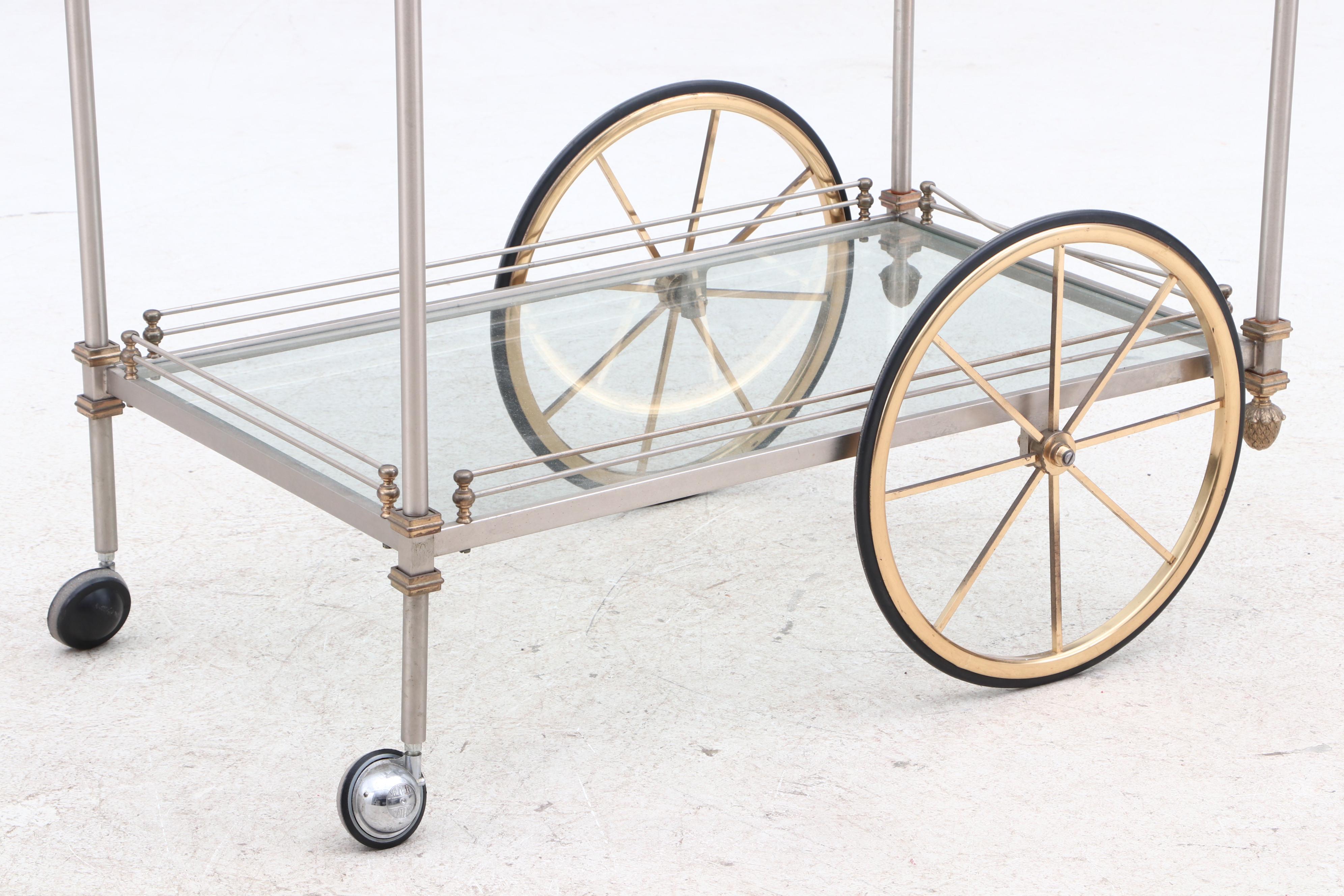 Contemporary Steel, Brass and Glass Galleried Shelf Tea Cart