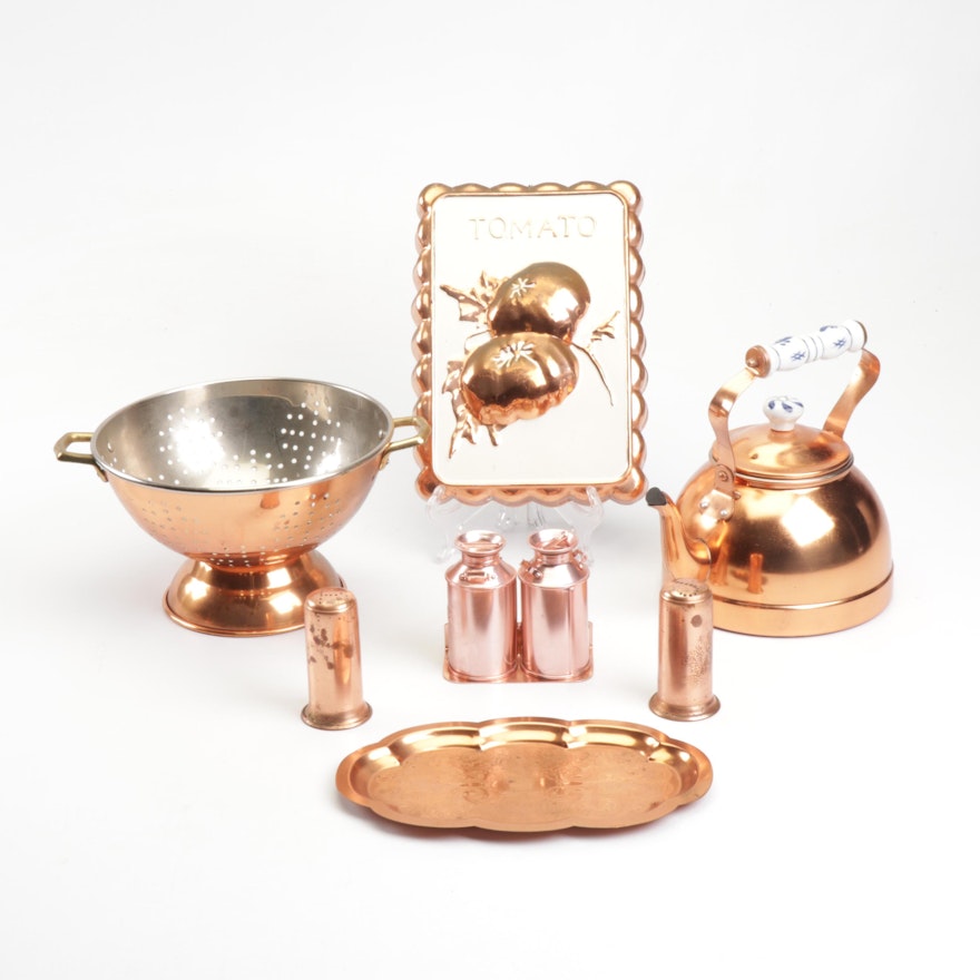 Copper and Plated Kitchenware and Decor Including Colander and Tea Kettle