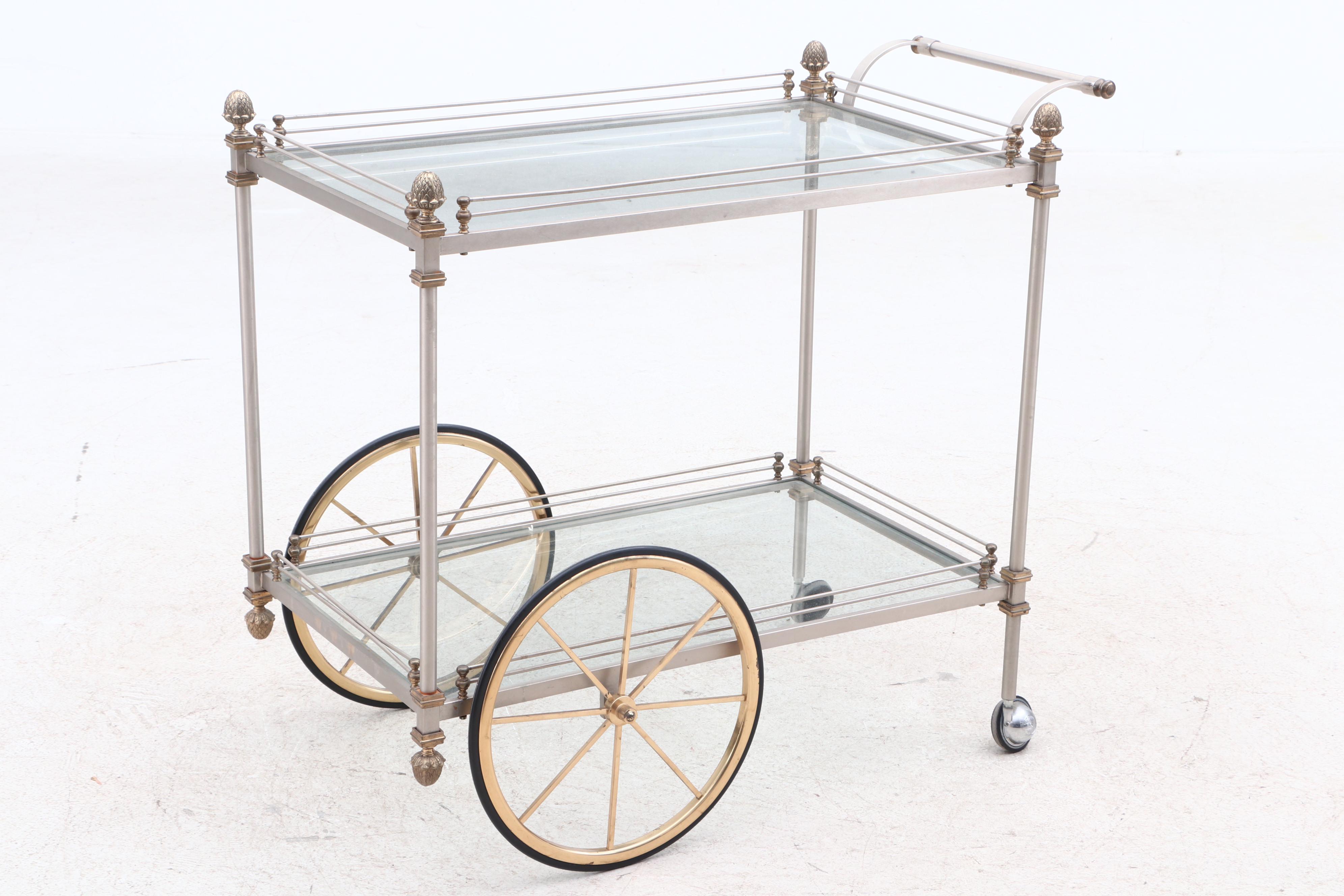 Contemporary Steel, Brass and Glass Galleried Shelf Tea Cart
