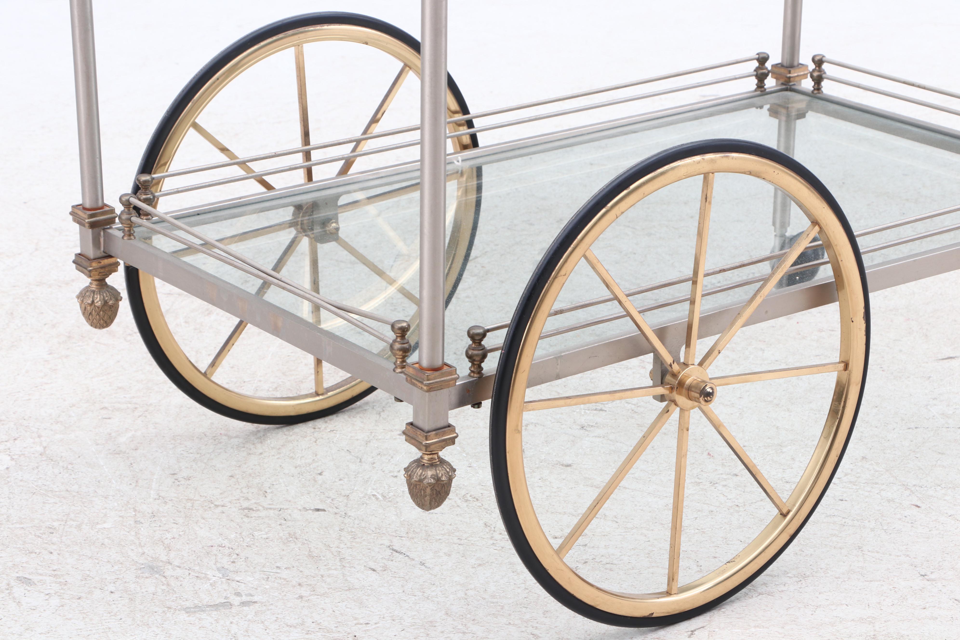 Contemporary Steel, Brass and Glass Galleried Shelf Tea Cart