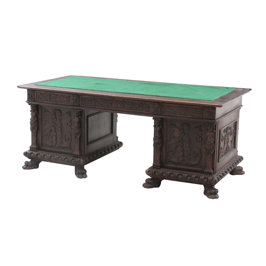 Italian Renaissance Style Carved Walnut Desk, Late 19th Century