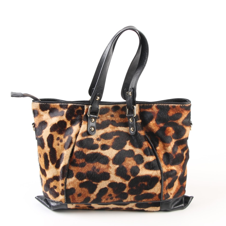 Sondra Roberts Leopard Print Calf Hair and Black Leather Convertible Tote Bag