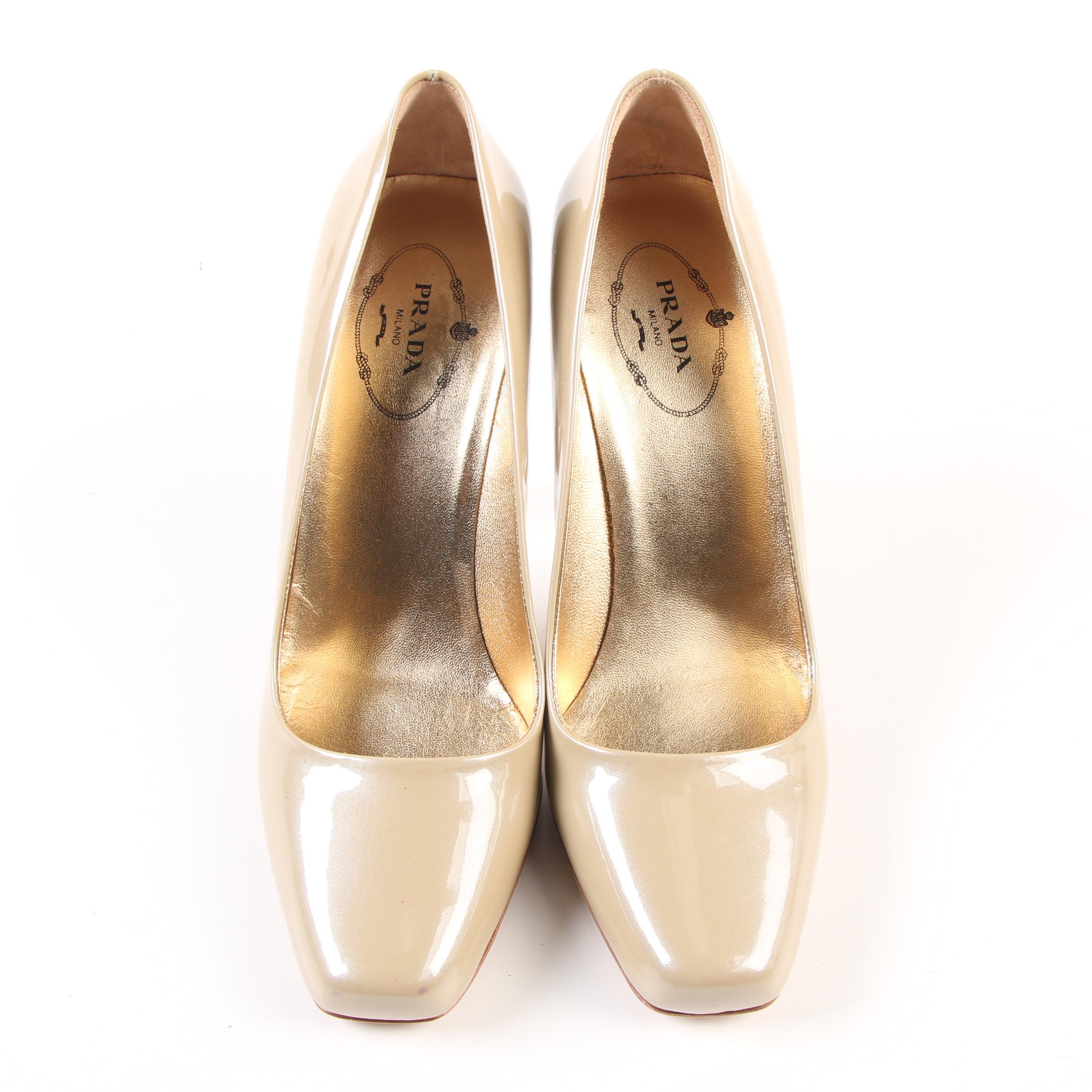 Prada Vernice Taffeta Cammello Patent Leather Square Toe Pumps