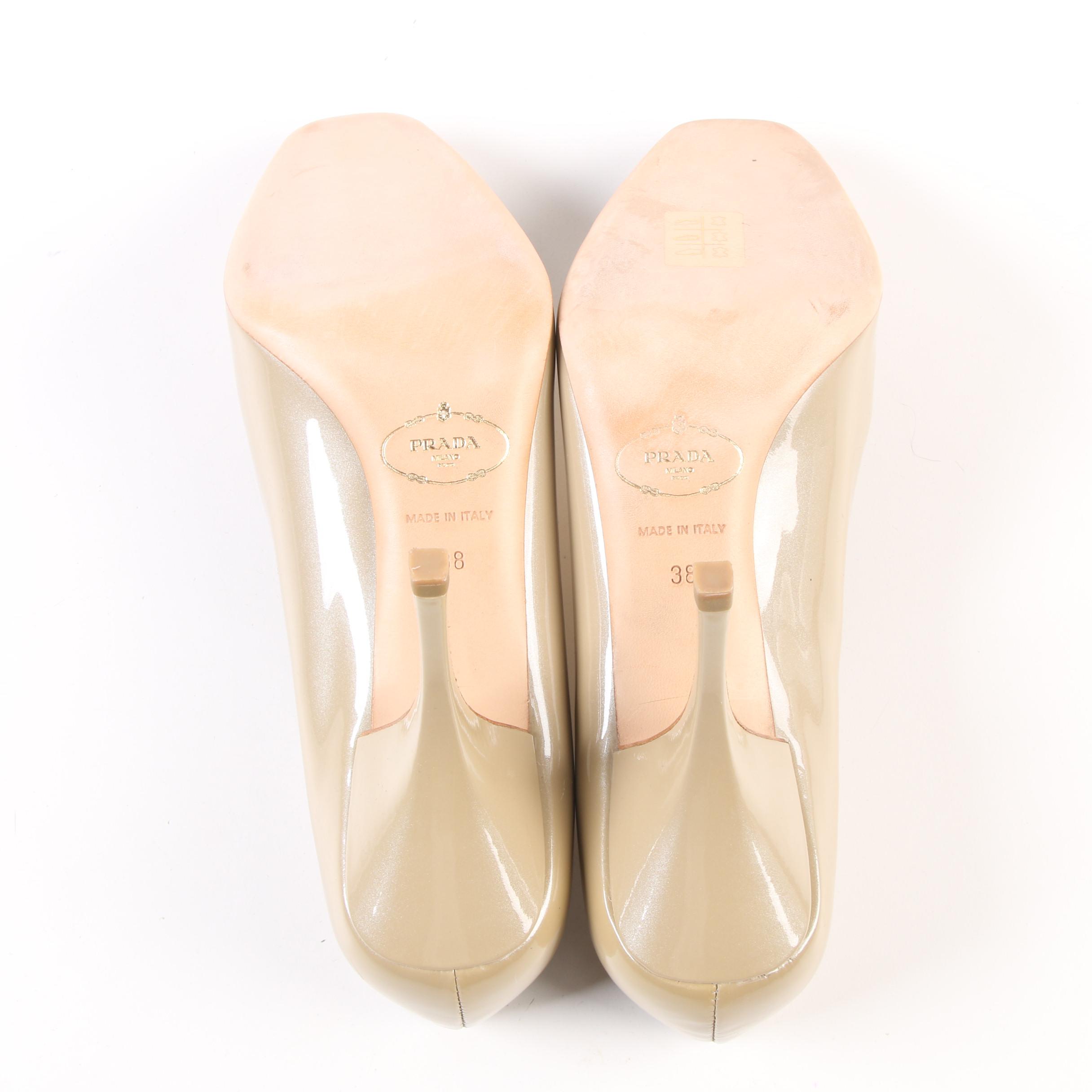 Prada Vernice Taffeta Cammello Patent Leather Square Toe Pumps