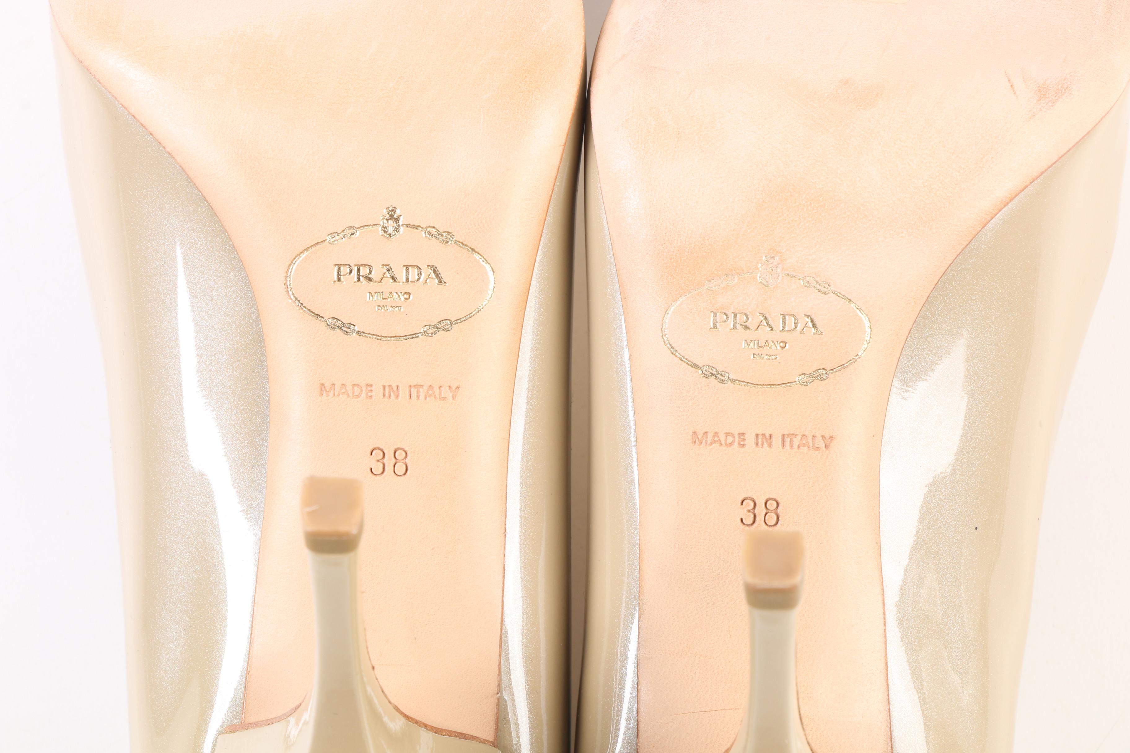 Prada Vernice Taffeta Cammello Patent Leather Square Toe Pumps
