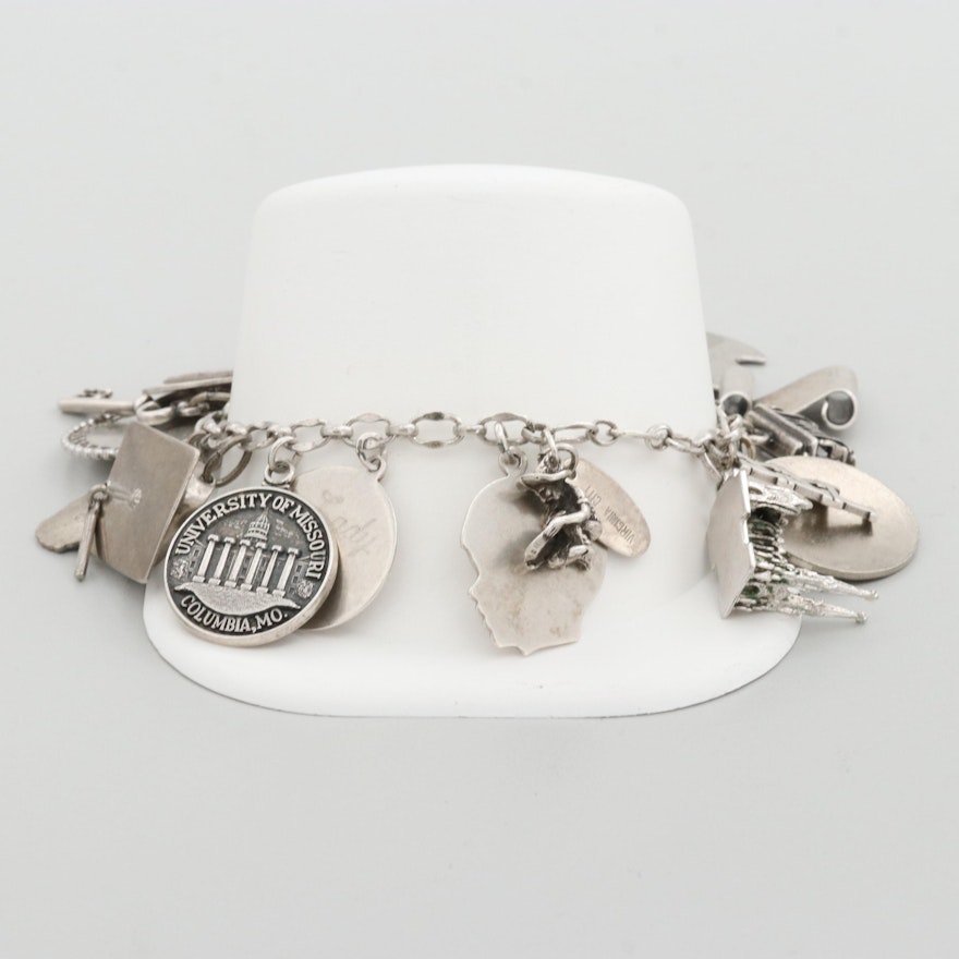 Sterling Charm Bracelet Featuring Forstner and Beau Sterling and Enamel Accents