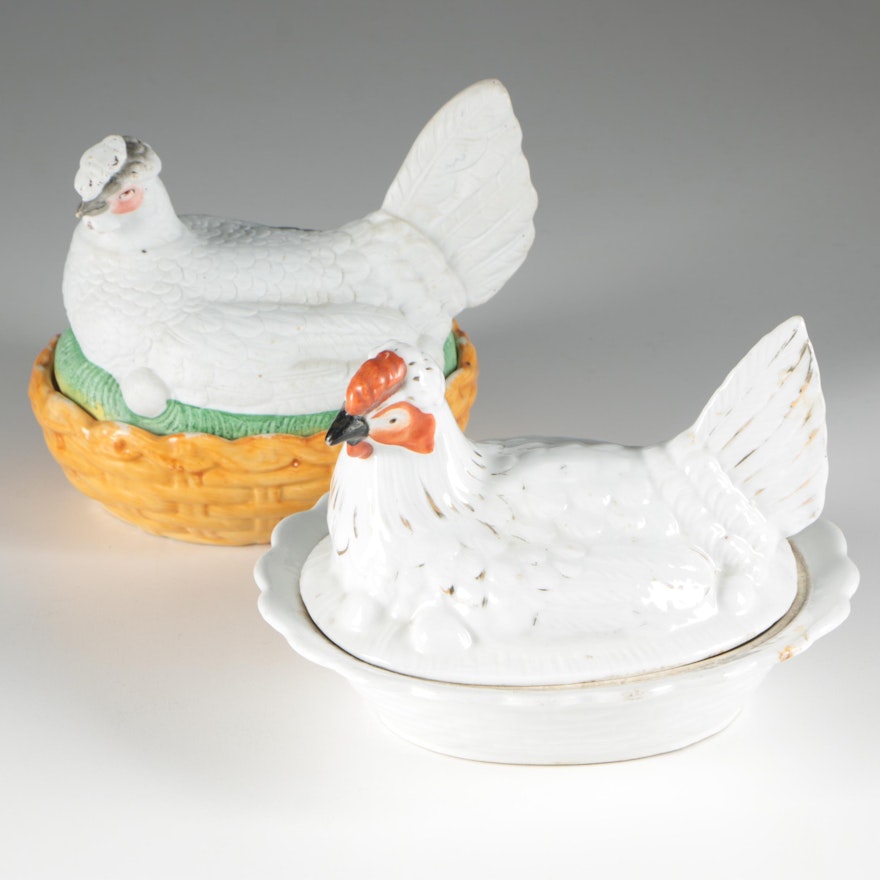 Porcelain Nesting Hen Lidded Dishes, Vintage
