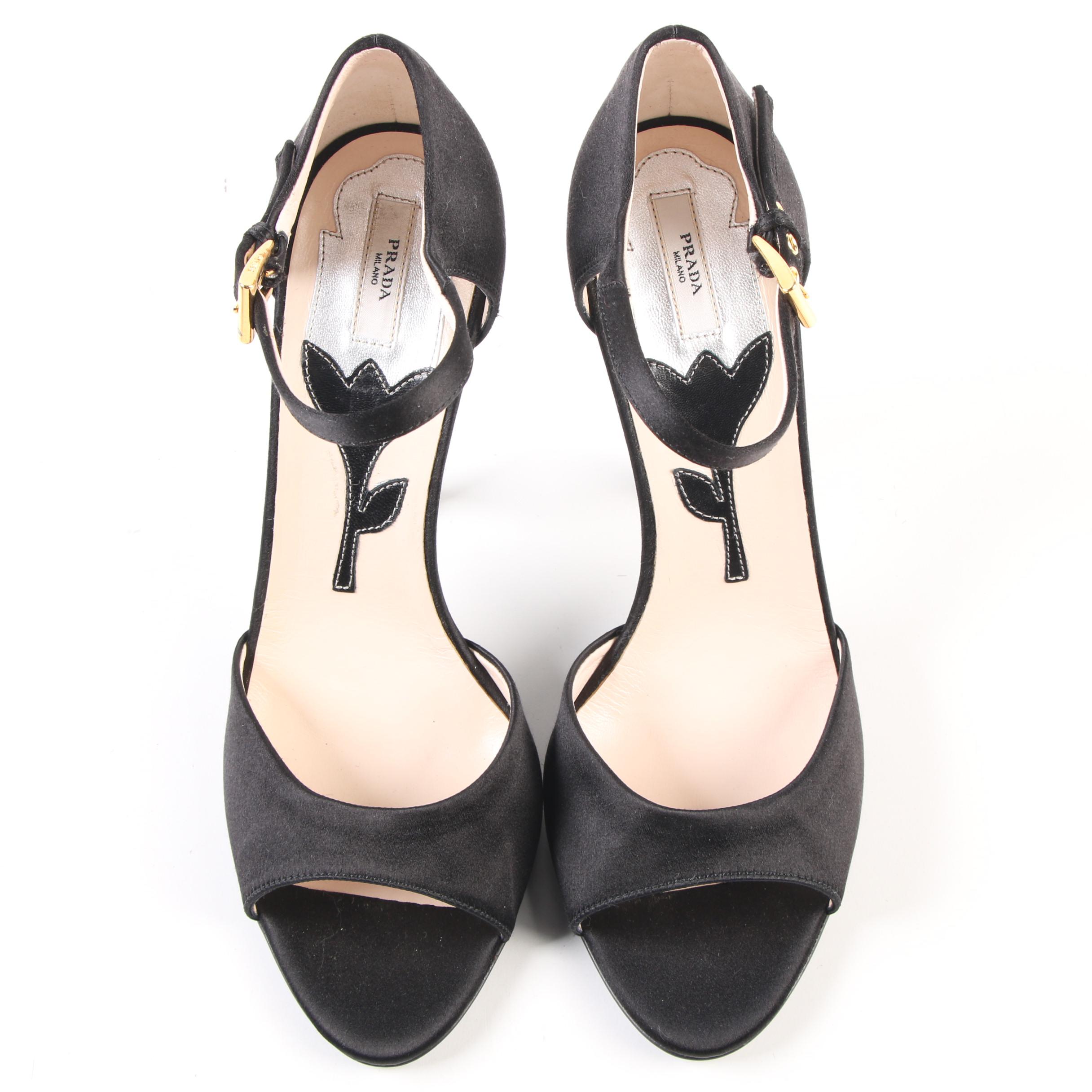 Prada Raso Jewels Black Satin Ankle Strap Open Toe Sandals with Embellished Heel