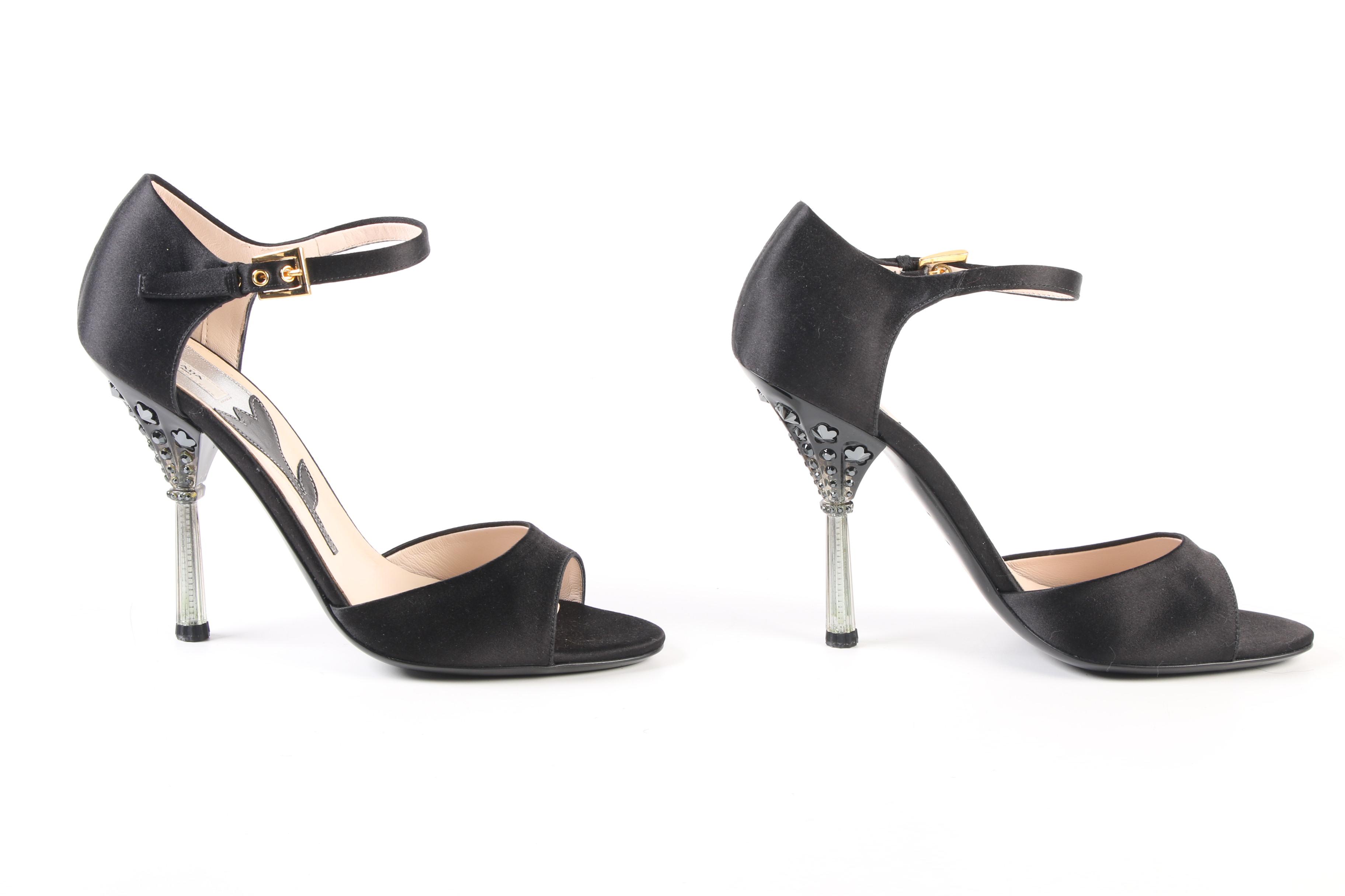 Prada Raso Jewels Black Satin Ankle Strap Open Toe Sandals with Embellished Heel