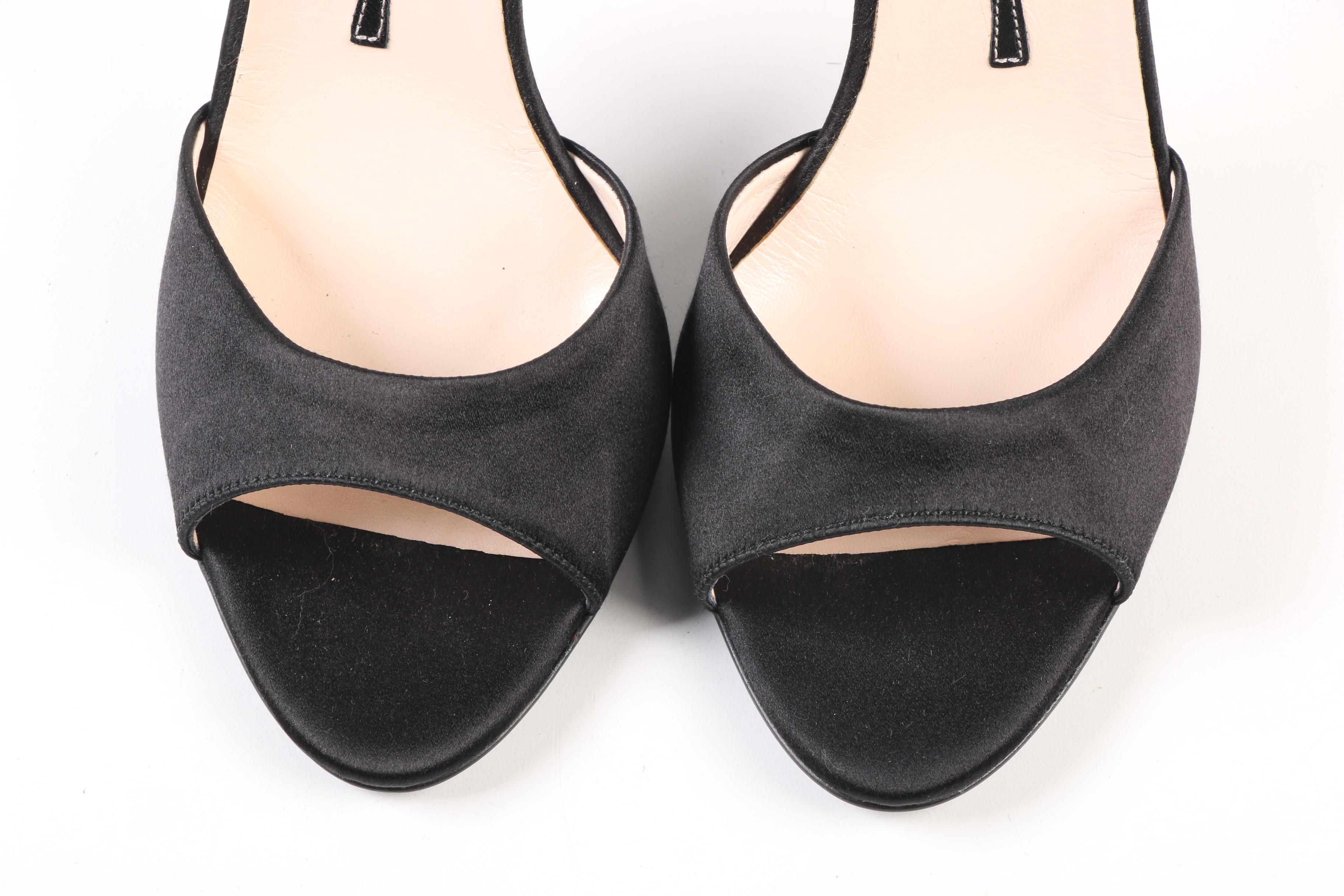 Prada Raso Jewels Black Satin Ankle Strap Open Toe Sandals with Embellished Heel