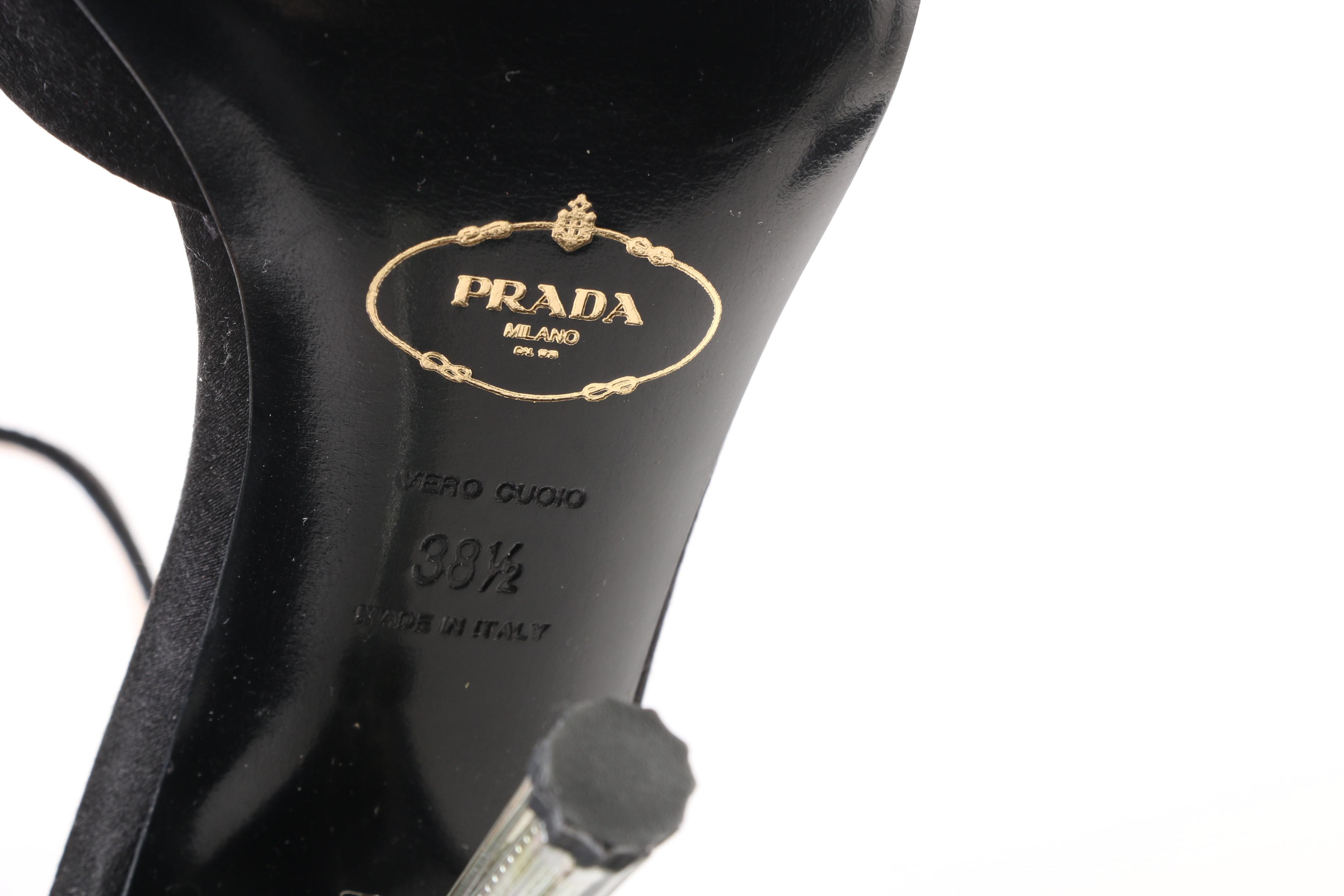 Prada Raso Jewels Black Satin Ankle Strap Open Toe Sandals with Embellished Heel