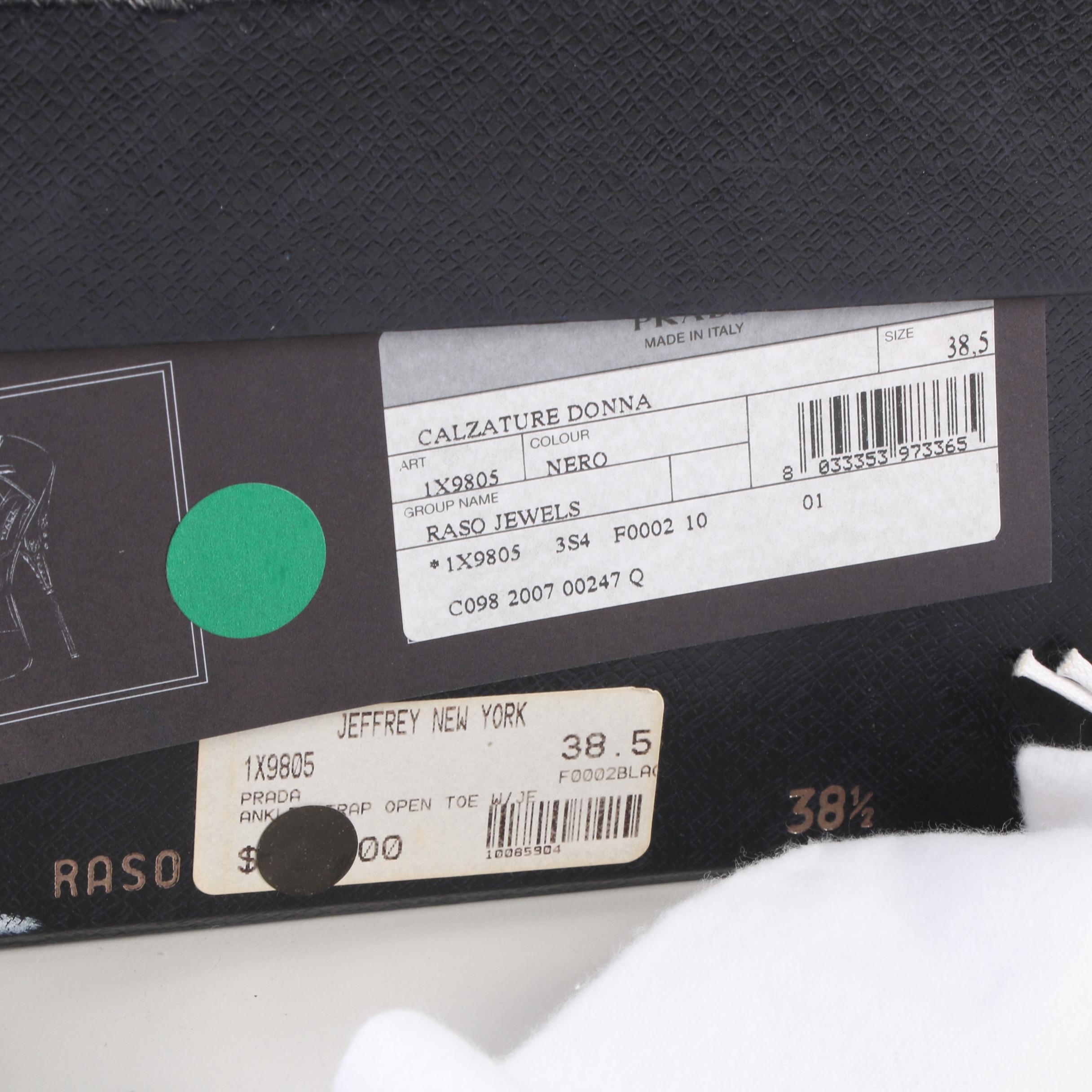 Prada Raso Jewels Black Satin Ankle Strap Open Toe Sandals with Embellished Heel