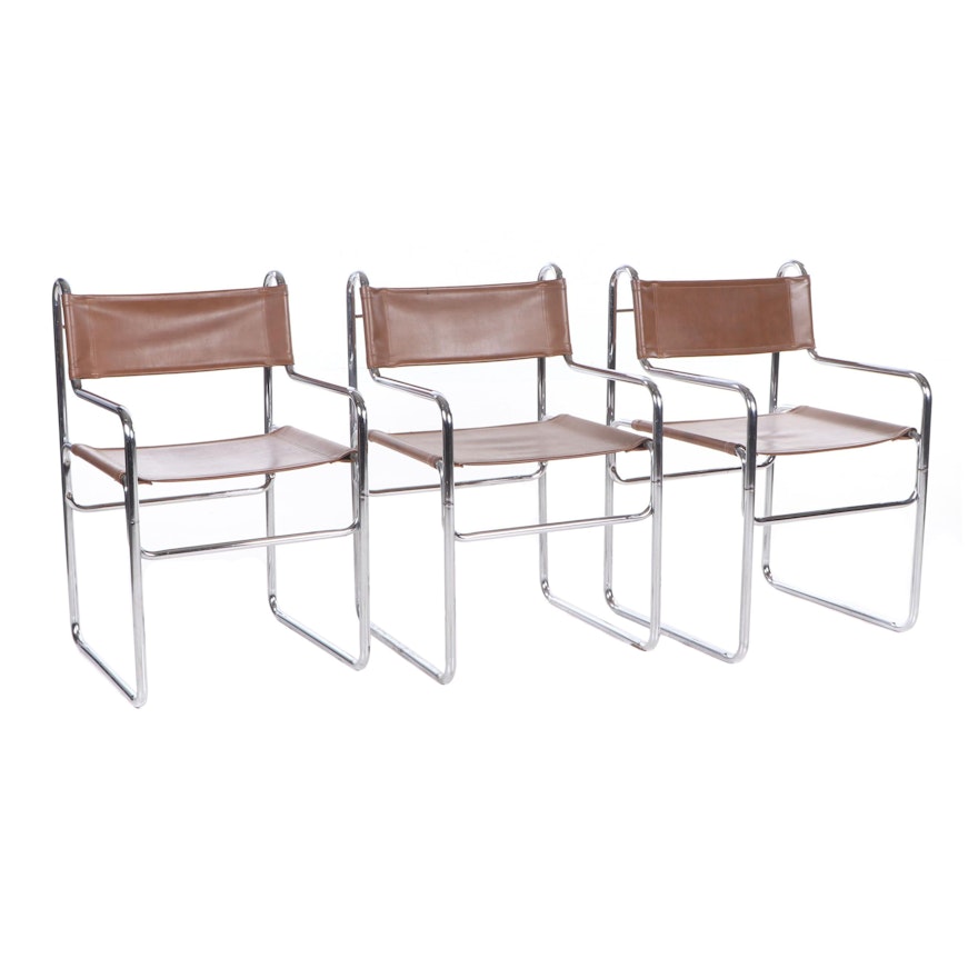 Mid-Century Mies van der Rohe Style Chrome and Leatherette Cantilever Chairs