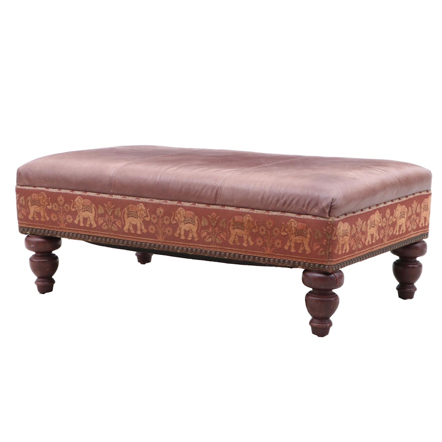 Leather-Top Ottoman with Embroidered Elephant Motif