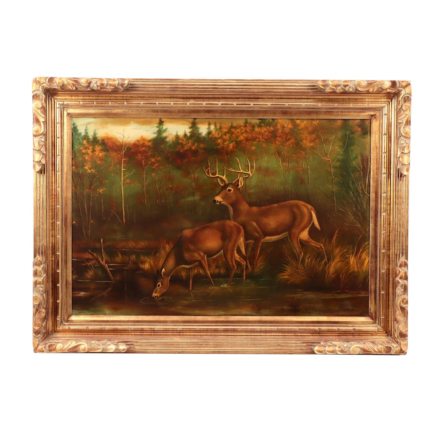 Oil Painting of Deer in a Wooded Landscape
