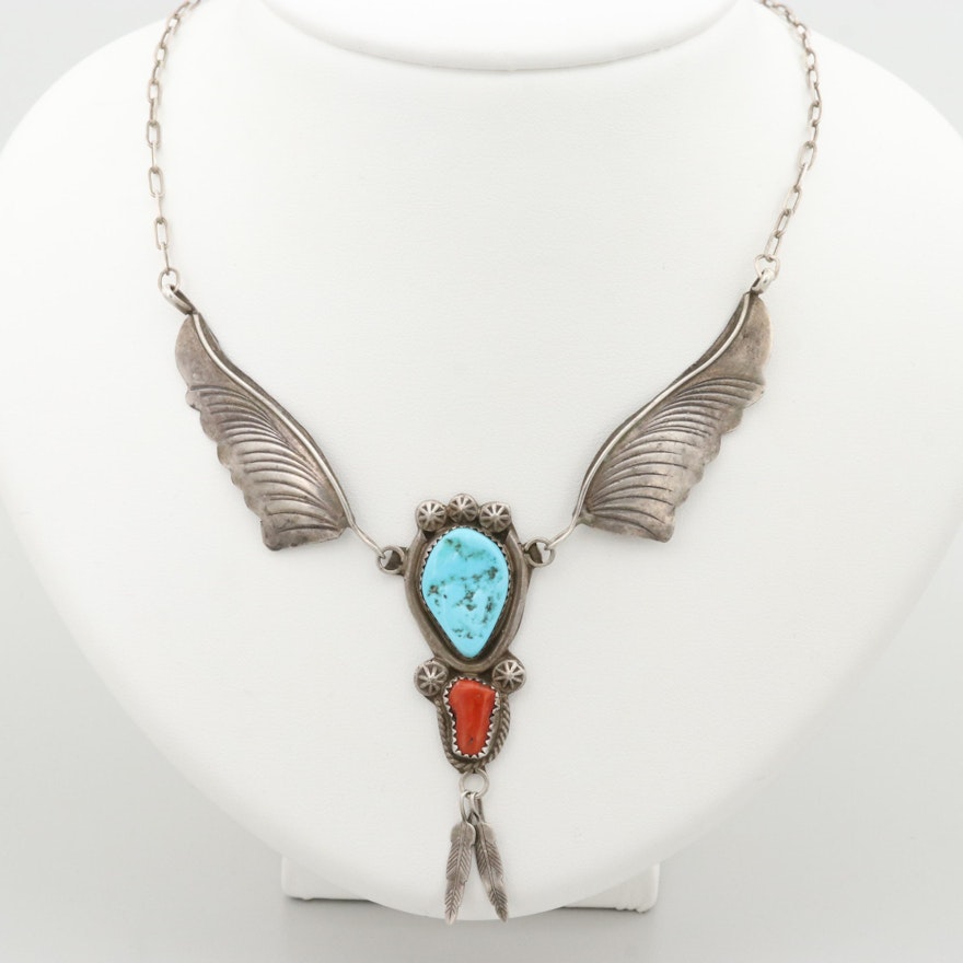 Arnold Maloney Navajo Diné Sterling Turquoise and Coral Pendant Necklace