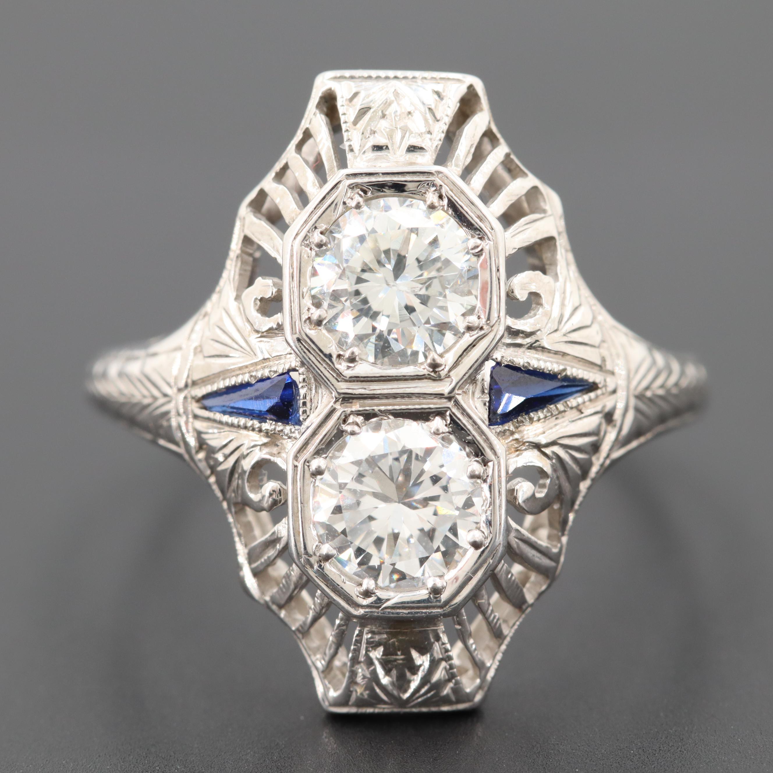 Vintage 18K White Gold Diamond and Synthetic Blue Sapphire Ring