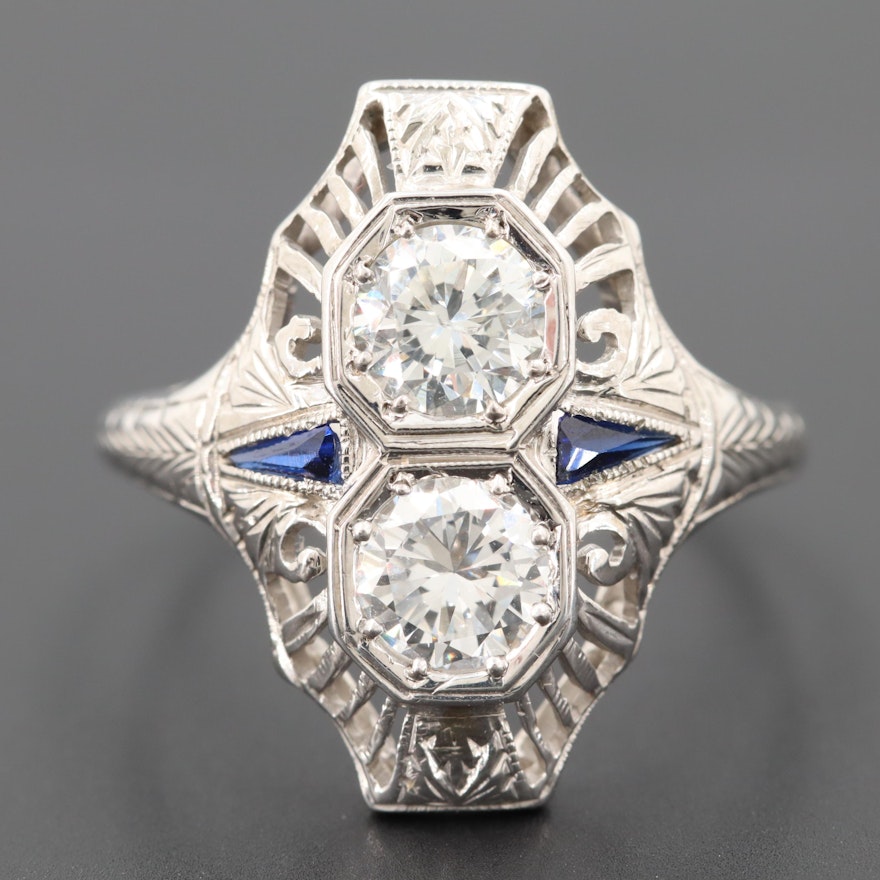 Vintage 18K White Gold Diamond and Synthetic Blue Sapphire Ring