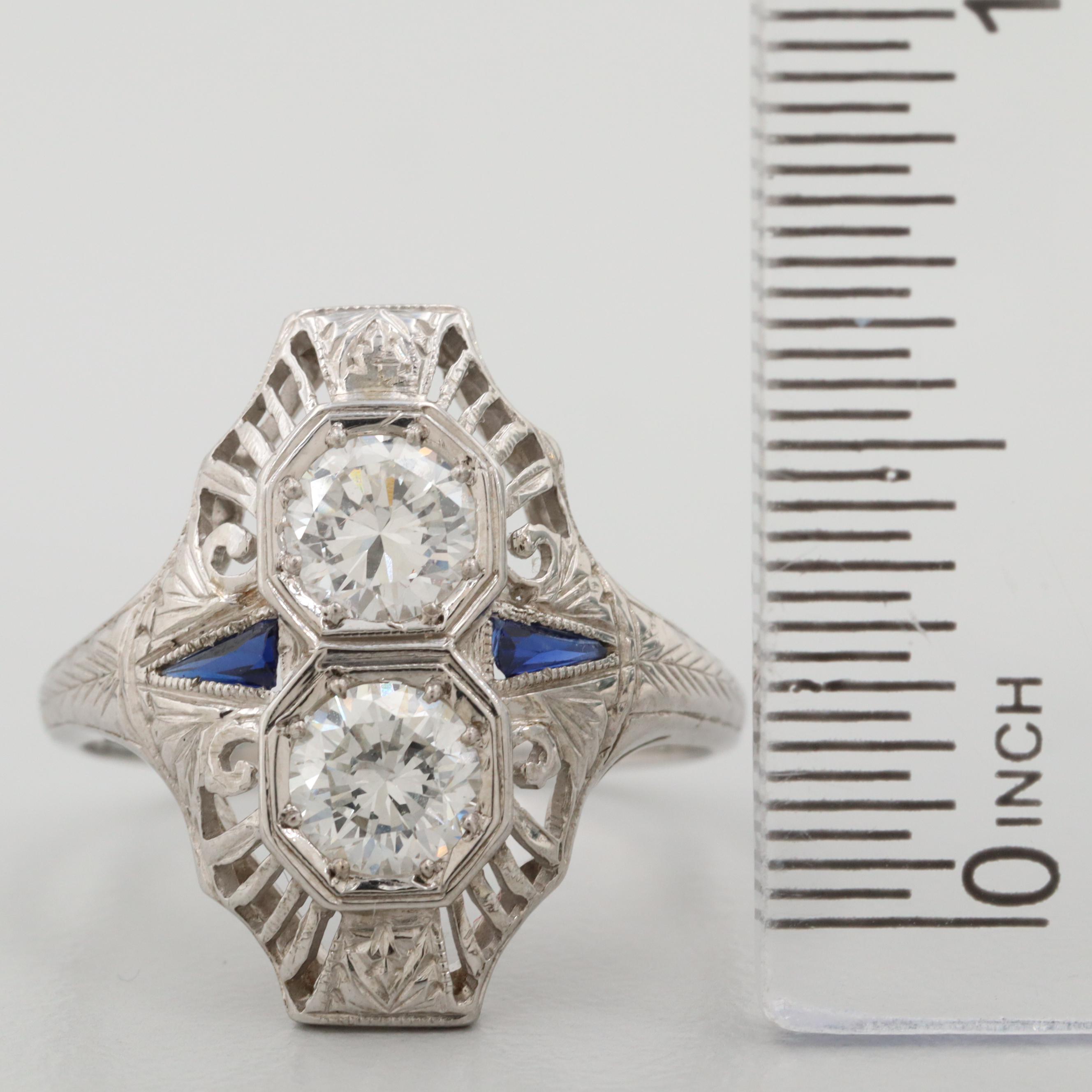 Vintage 18K White Gold Diamond and Synthetic Blue Sapphire Ring