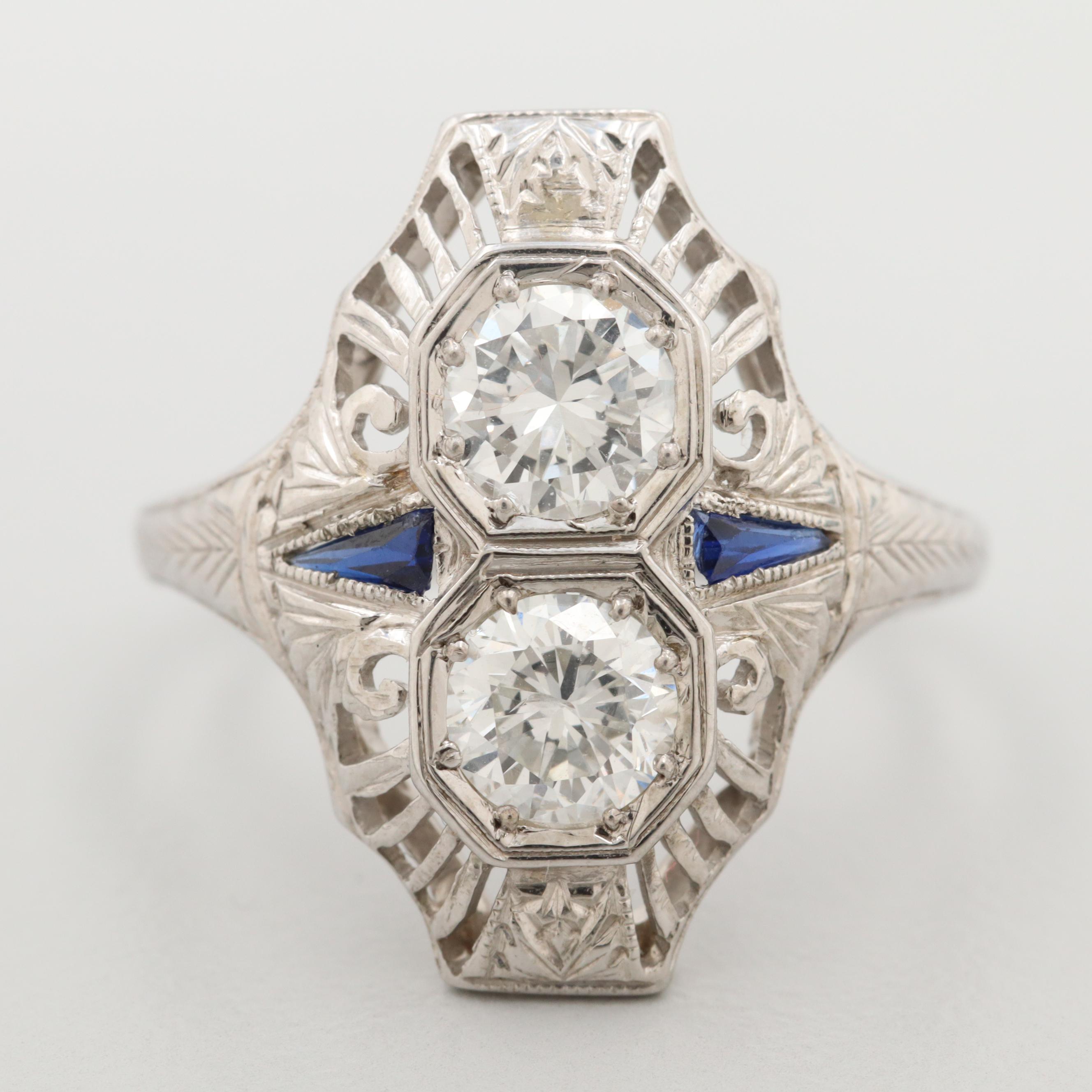 Vintage 18K White Gold Diamond and Synthetic Blue Sapphire Ring