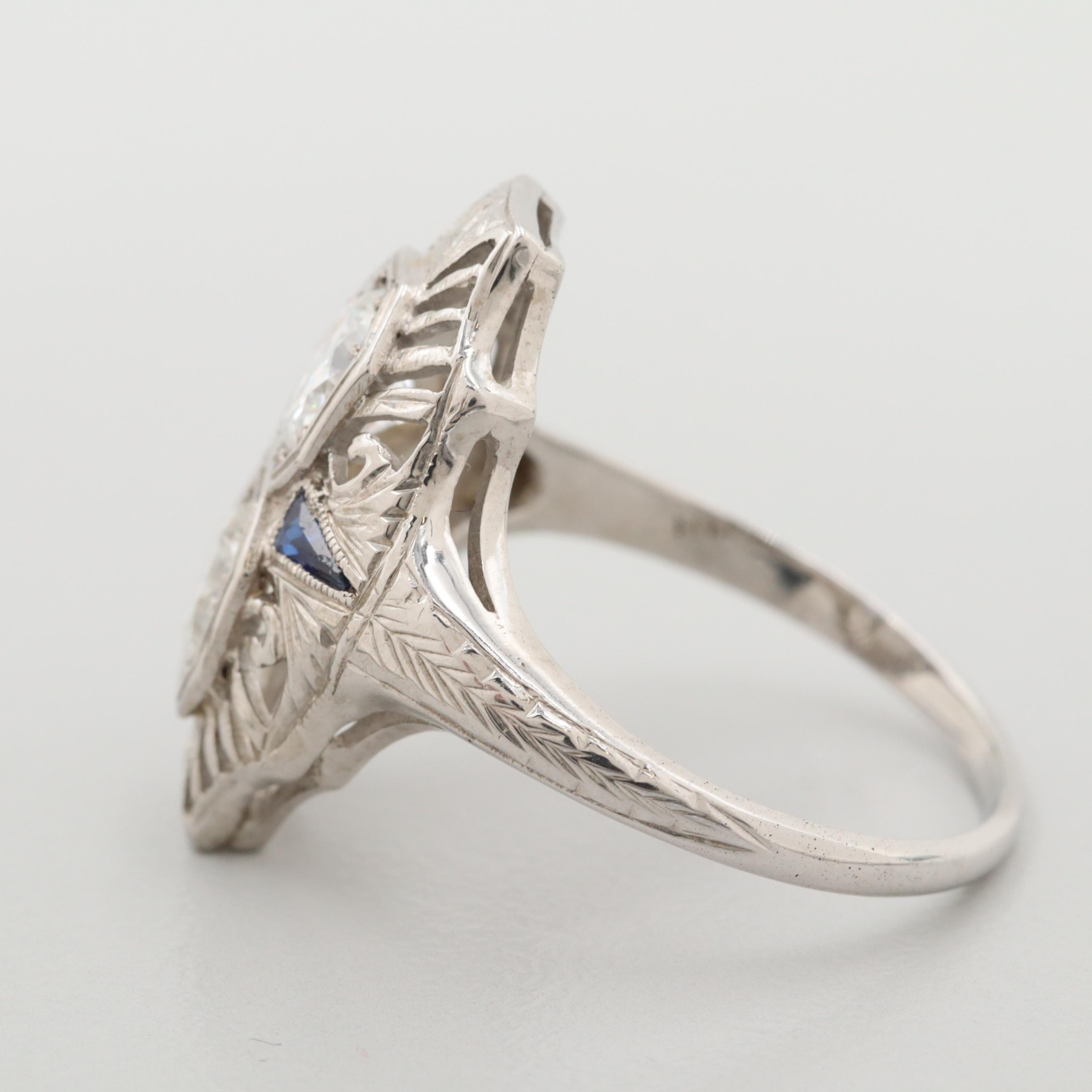 Vintage 18K White Gold Diamond and Synthetic Blue Sapphire Ring