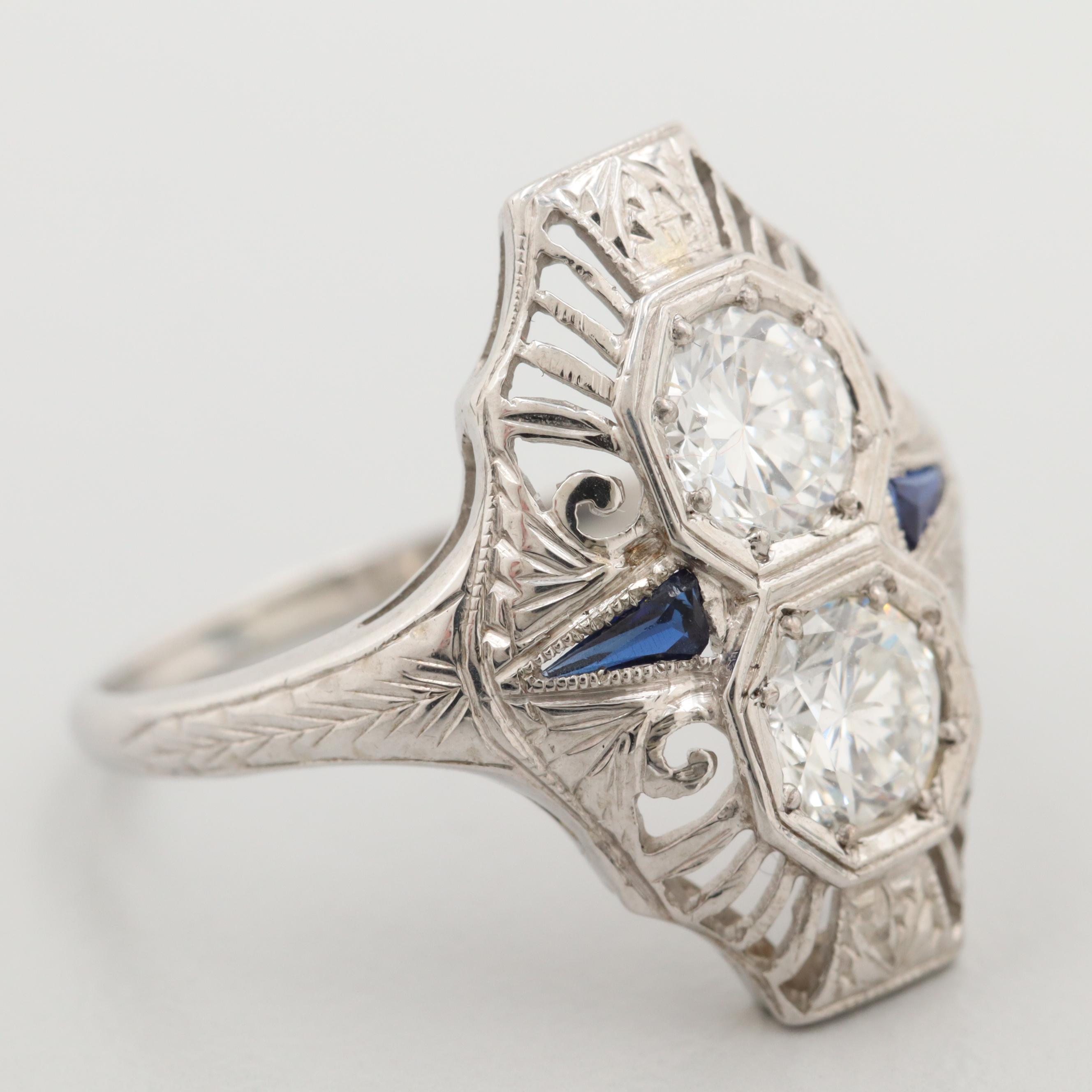 Vintage 18K White Gold Diamond and Synthetic Blue Sapphire Ring