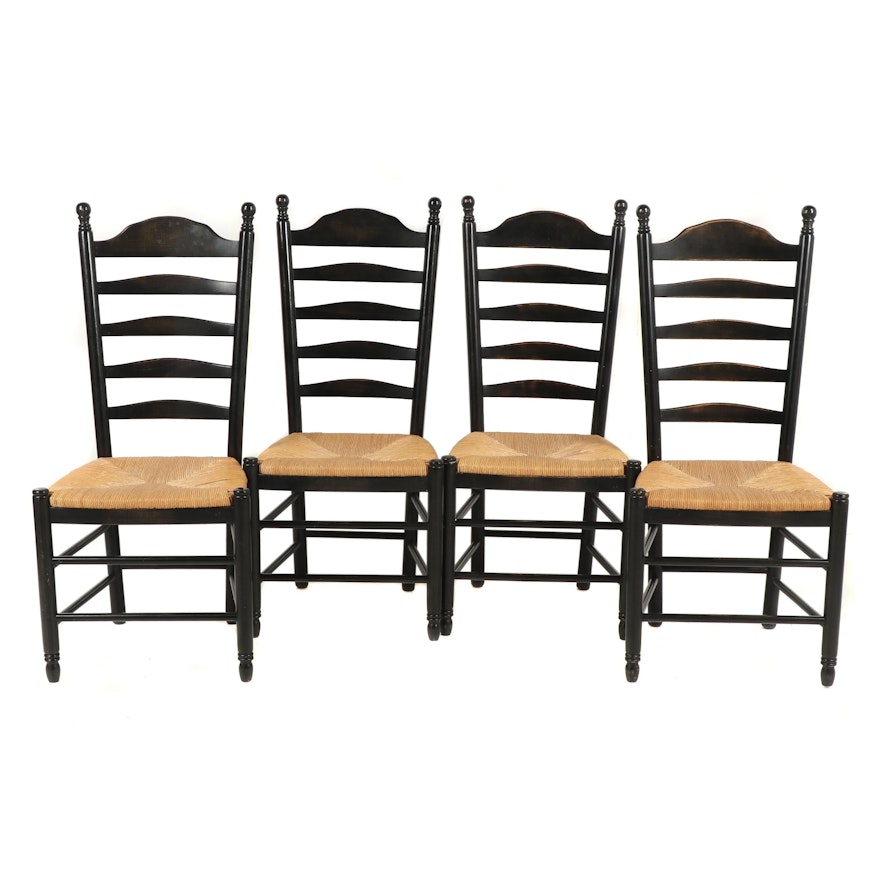 Four American Primitive Style Ebonized Wooden, Rush Seat Side Chairs