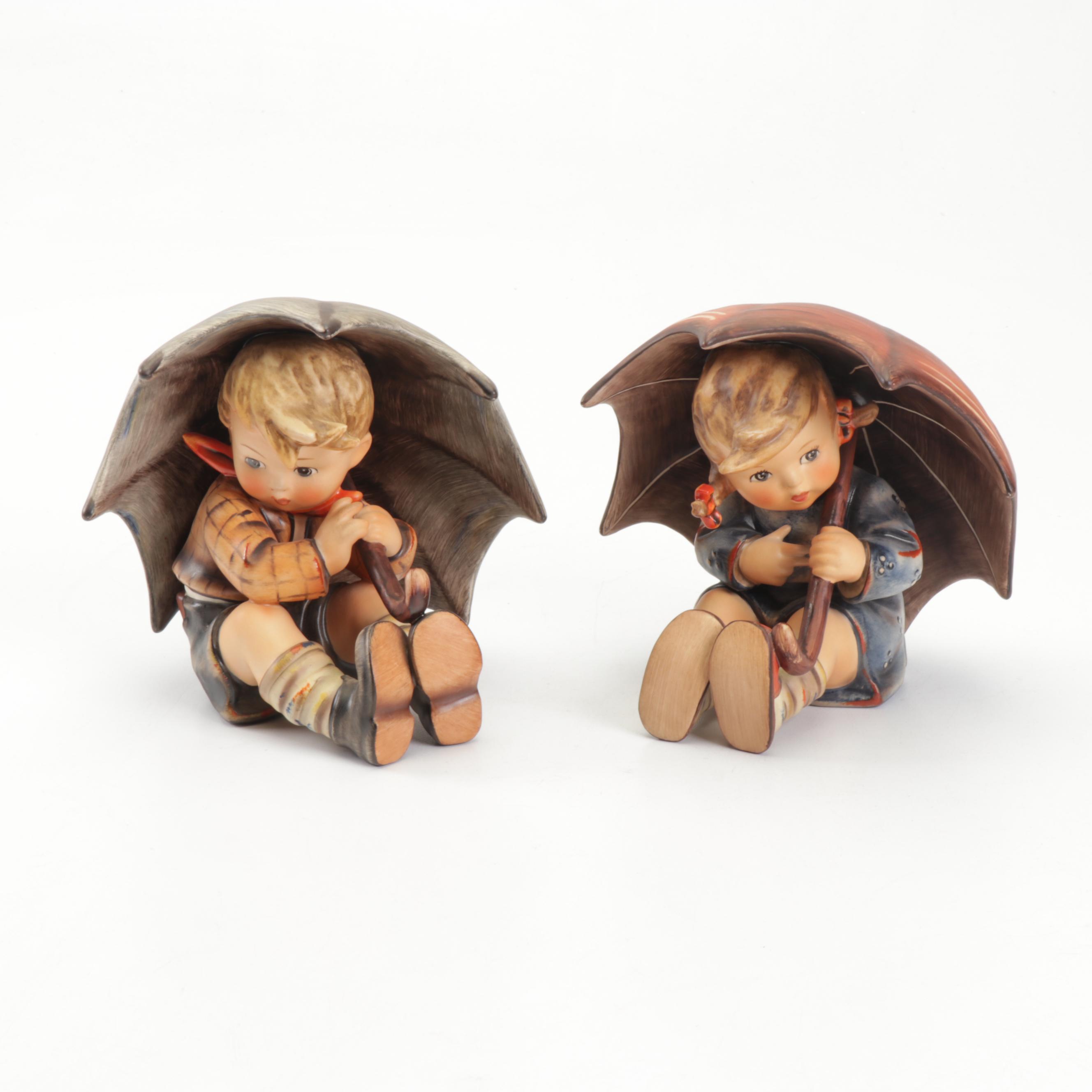 Hummel Goebel "Umbrella Boy" and "Umbrella Girl" Porcelain Figurines, 1970s