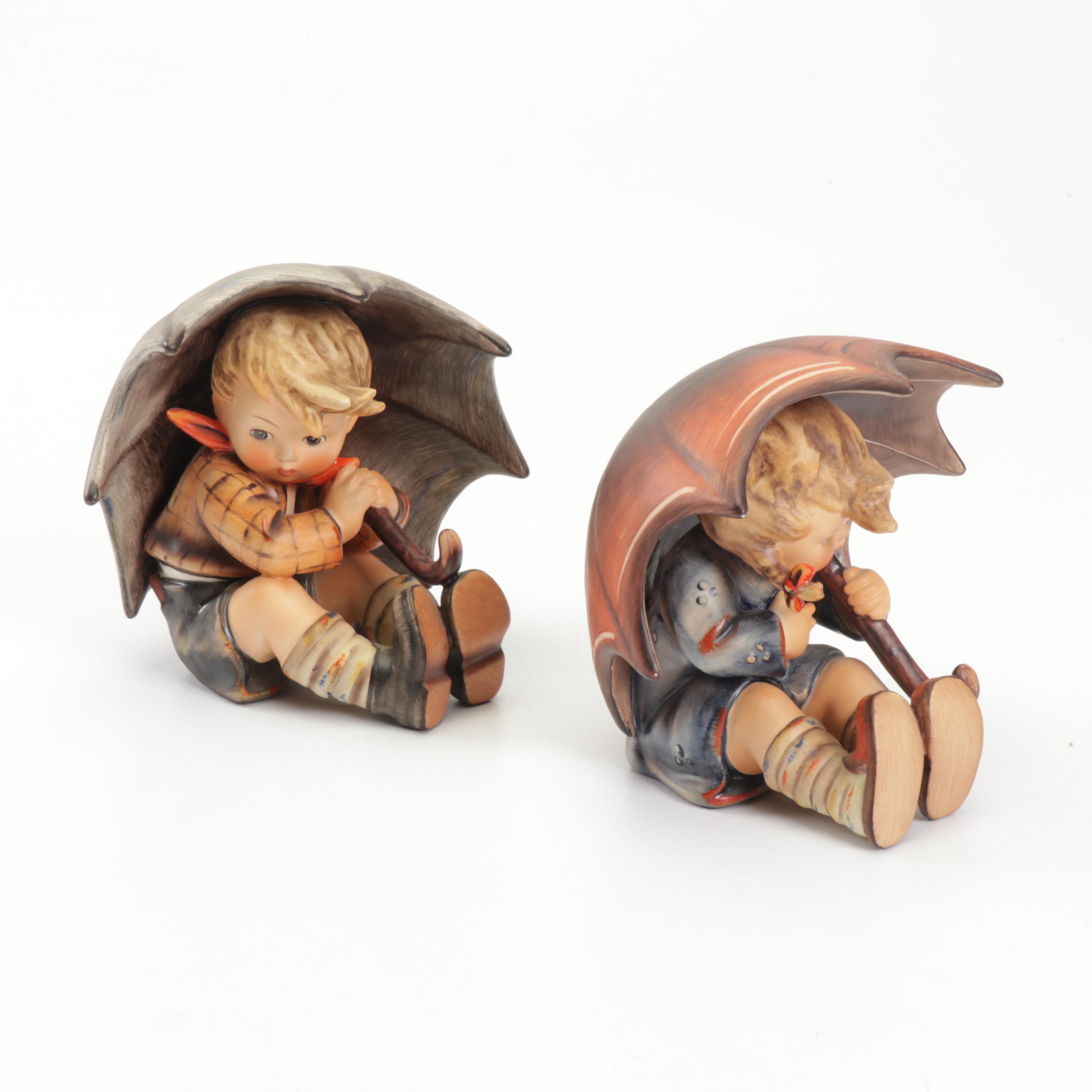 Hummel Goebel "Umbrella Boy" and "Umbrella Girl" Porcelain Figurines, 1970s
