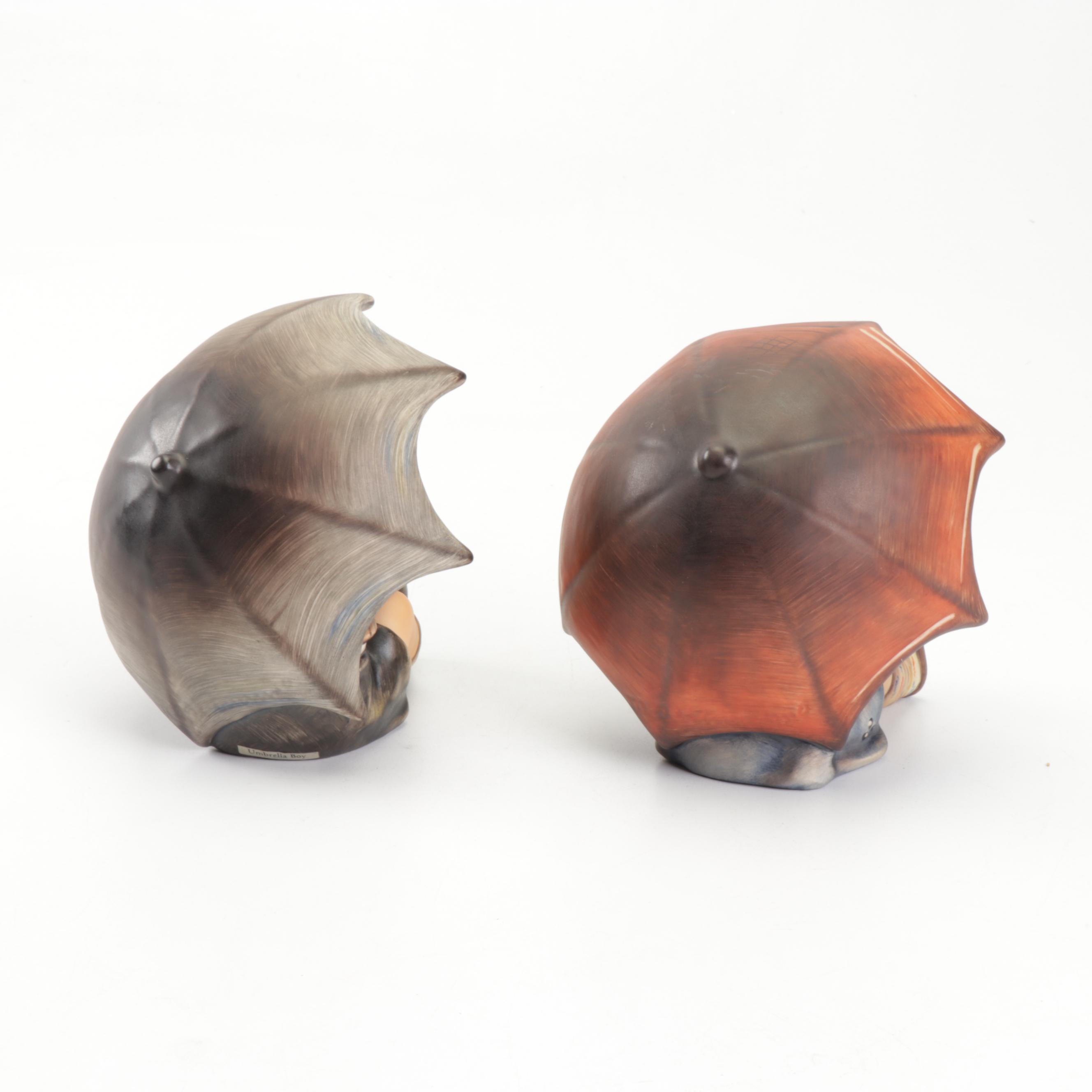 Hummel Goebel "Umbrella Boy" and "Umbrella Girl" Porcelain Figurines, 1970s