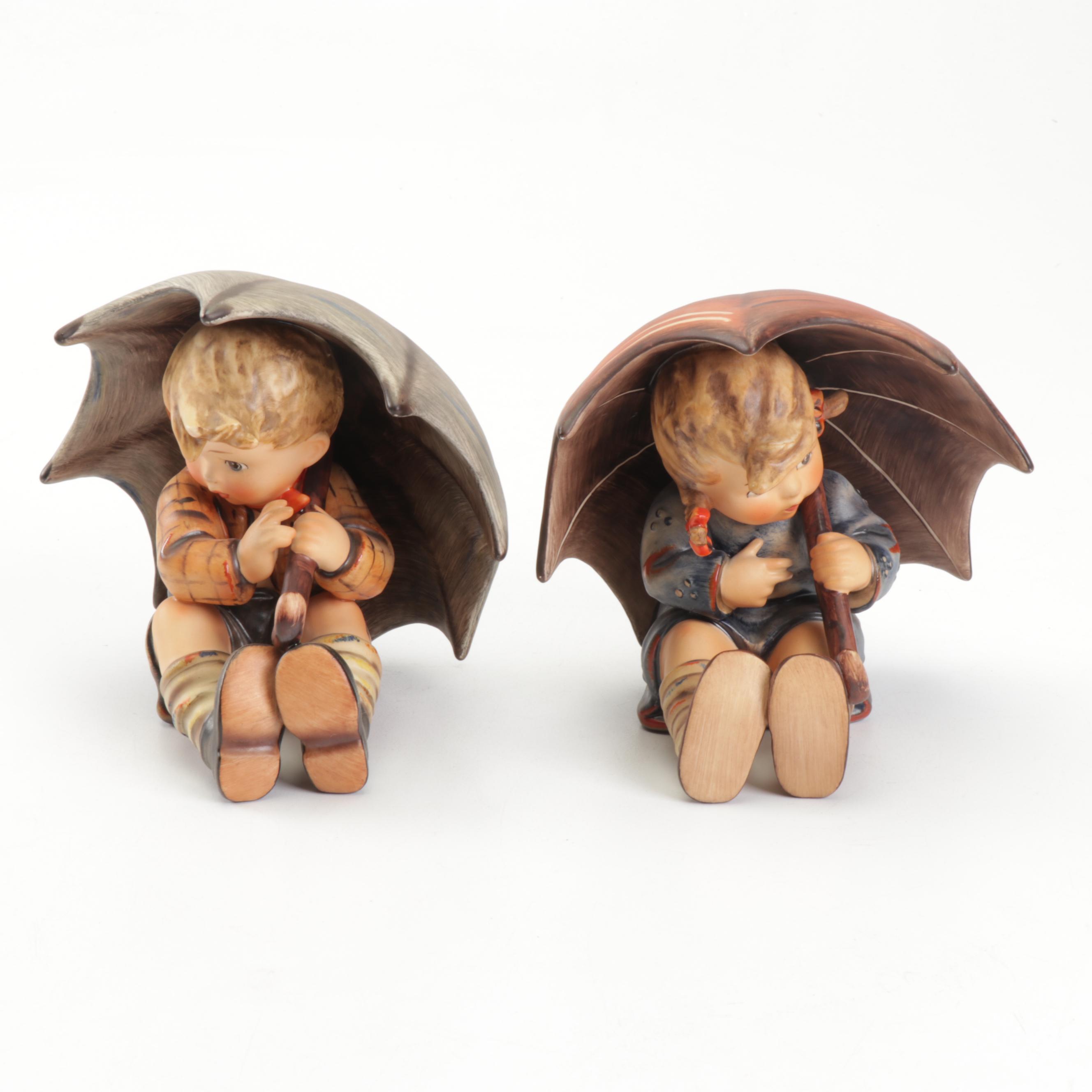 Hummel Goebel "Umbrella Boy" and "Umbrella Girl" Porcelain Figurines, 1970s
