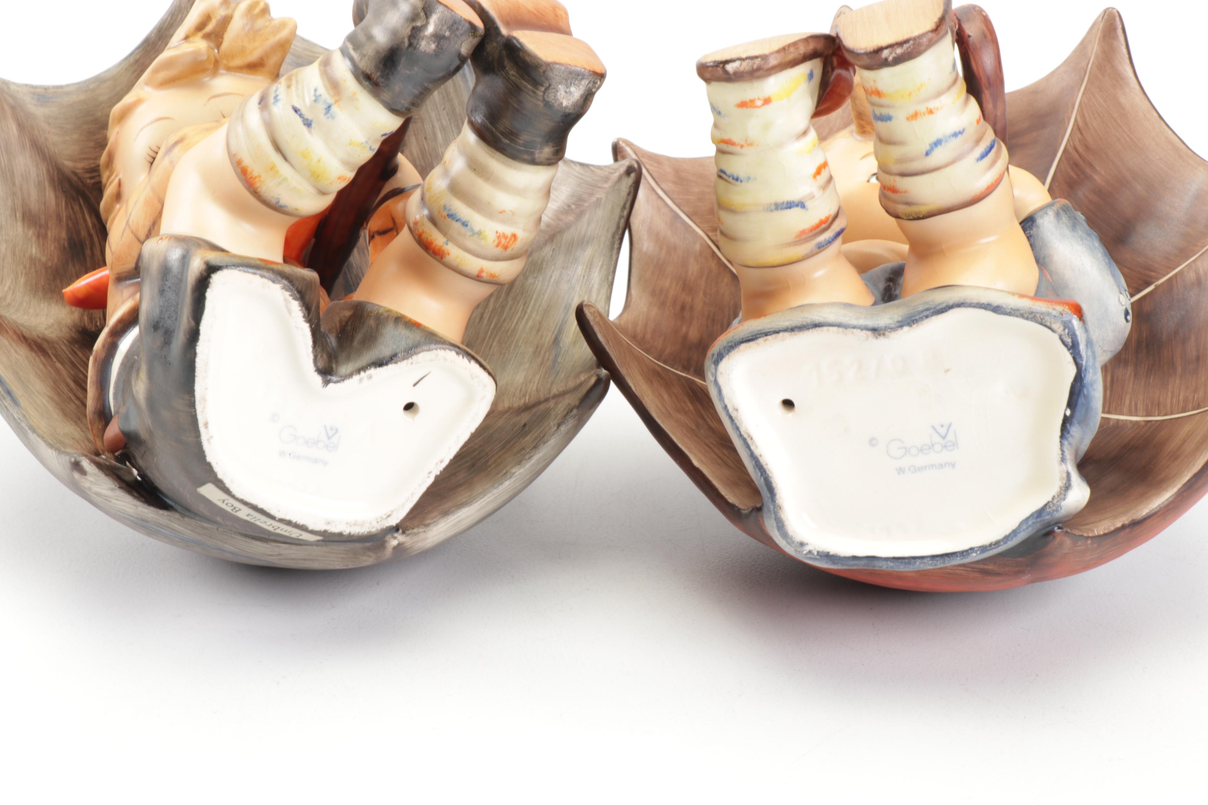 Hummel Goebel "Umbrella Boy" and "Umbrella Girl" Porcelain Figurines, 1970s