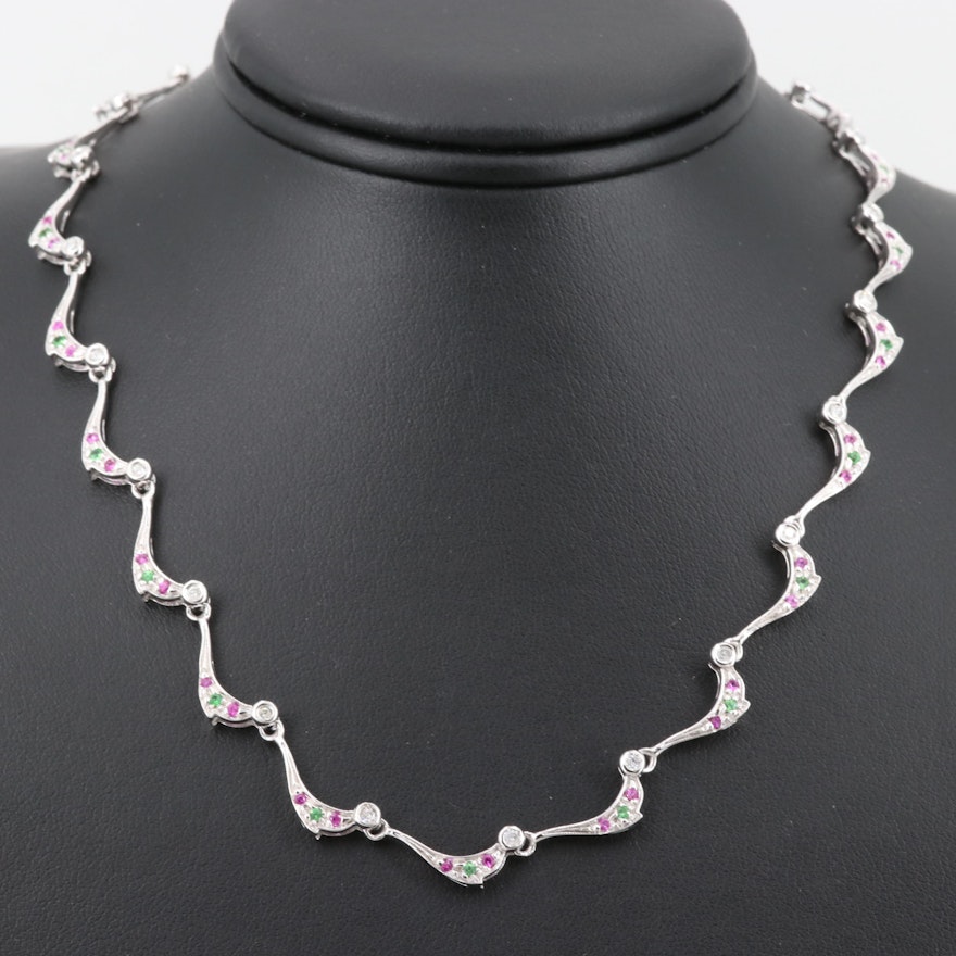 14K White Gold Diamond, Pink Sapphire and Tsavorite Necklace