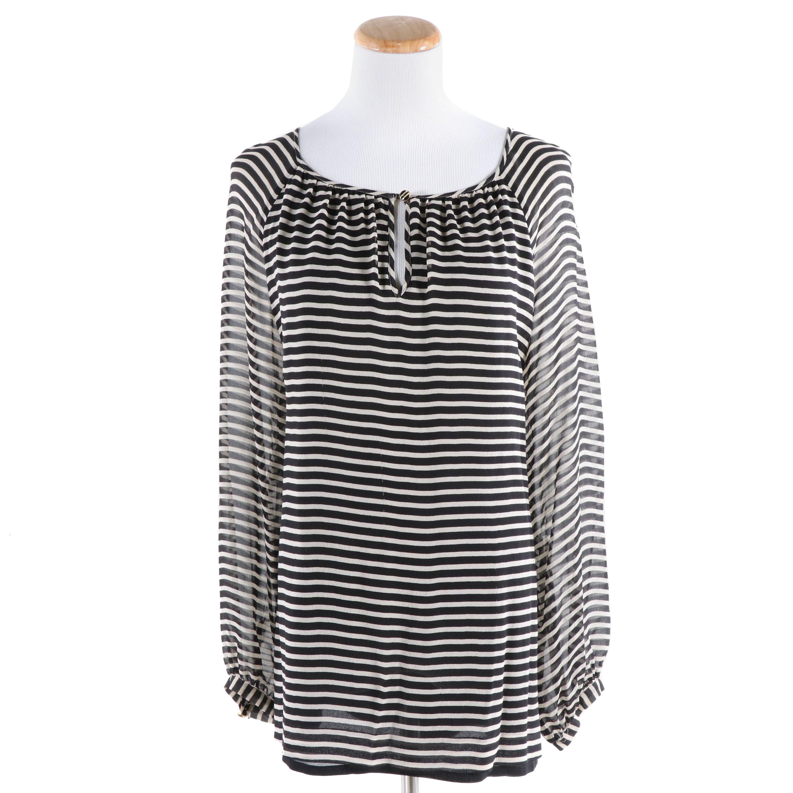 Tory Burch Black and Ivory Striped Silk Chiffon Blouse