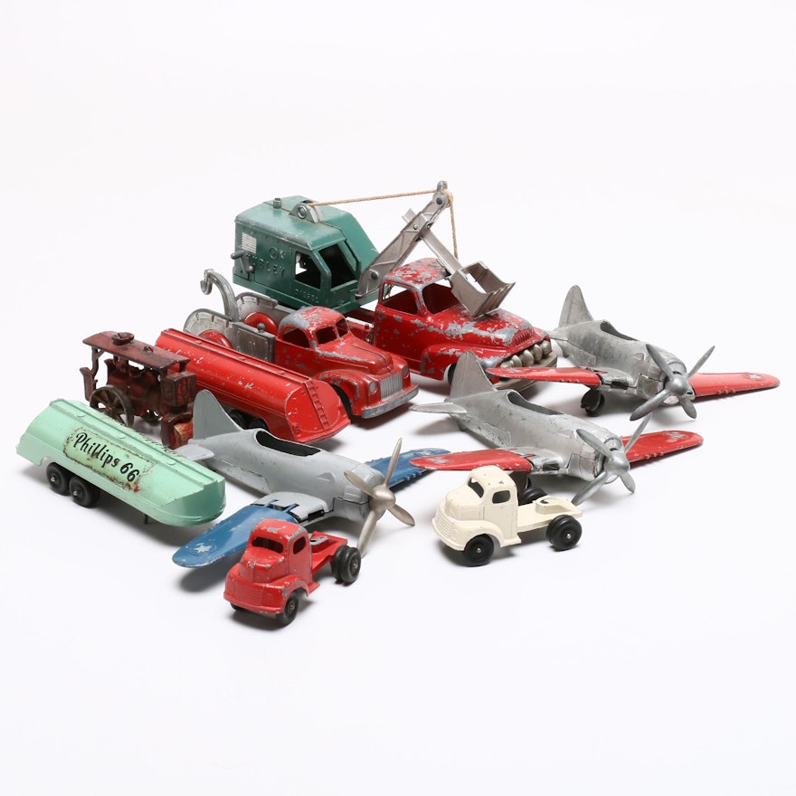 Die-Cast Trucks, Planes, and Construction Vehicles Including Hubley, Circa 1950s