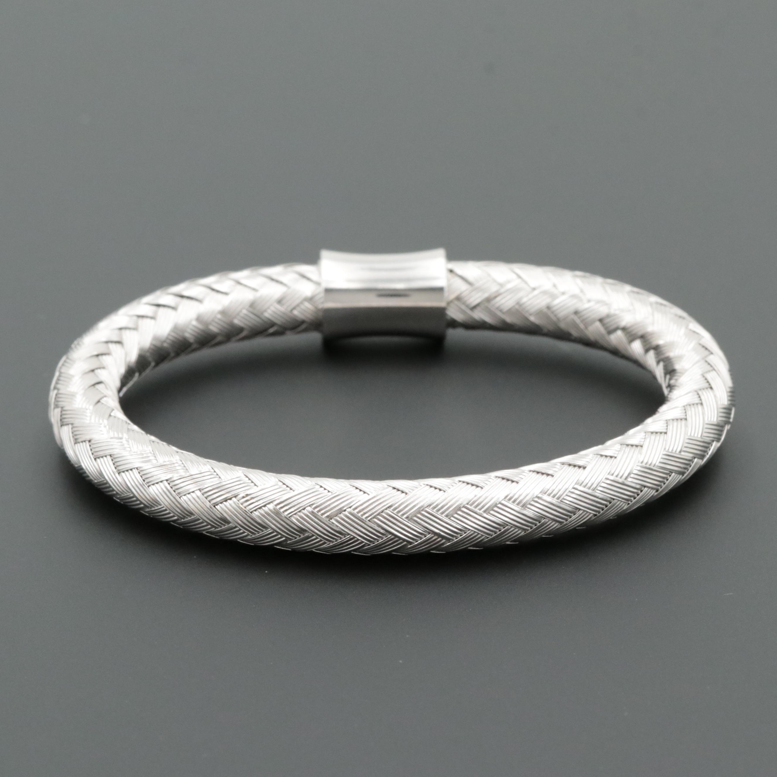 Silver Tone Woven Flexible Bangle Bracelet