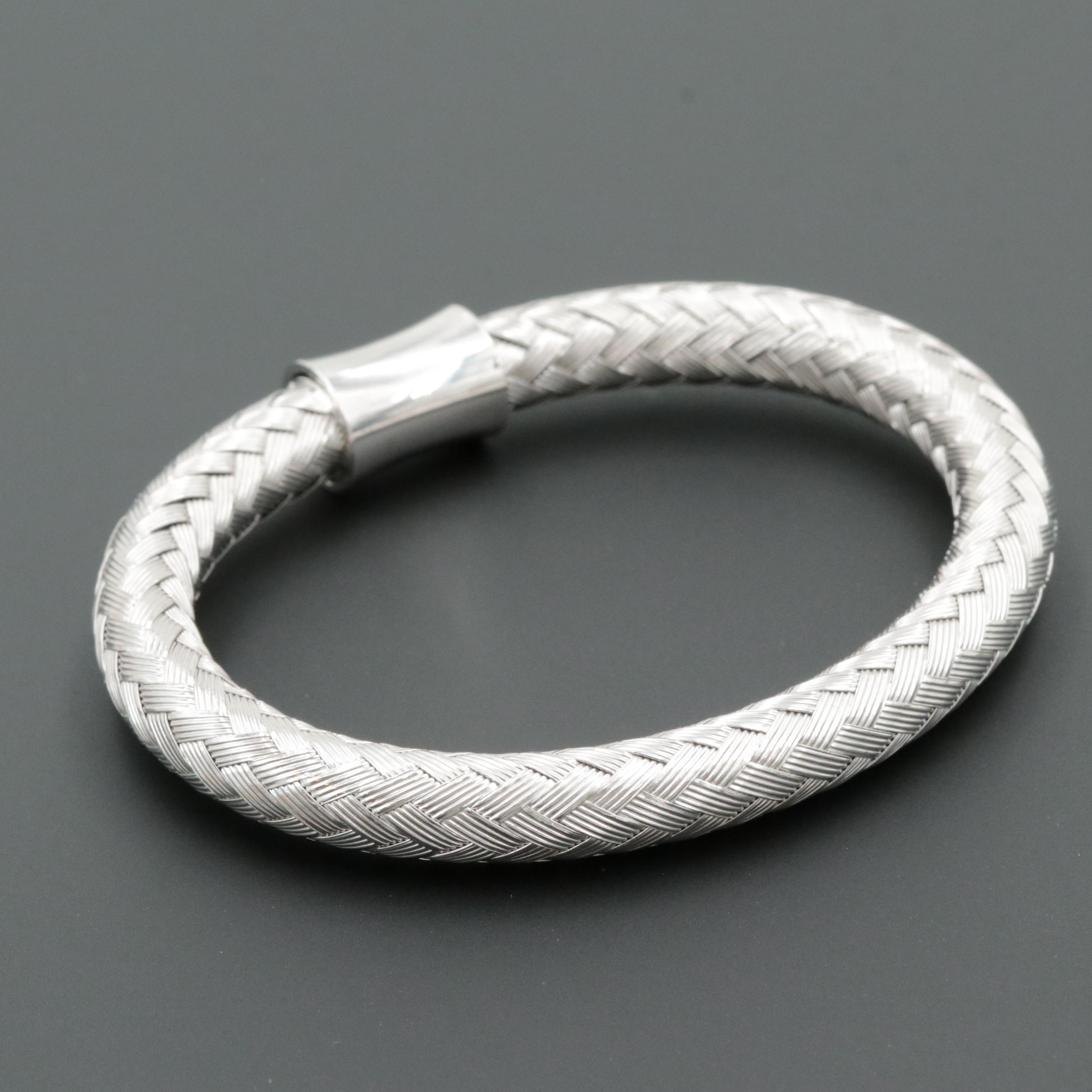 Silver Tone Woven Flexible Bangle Bracelet