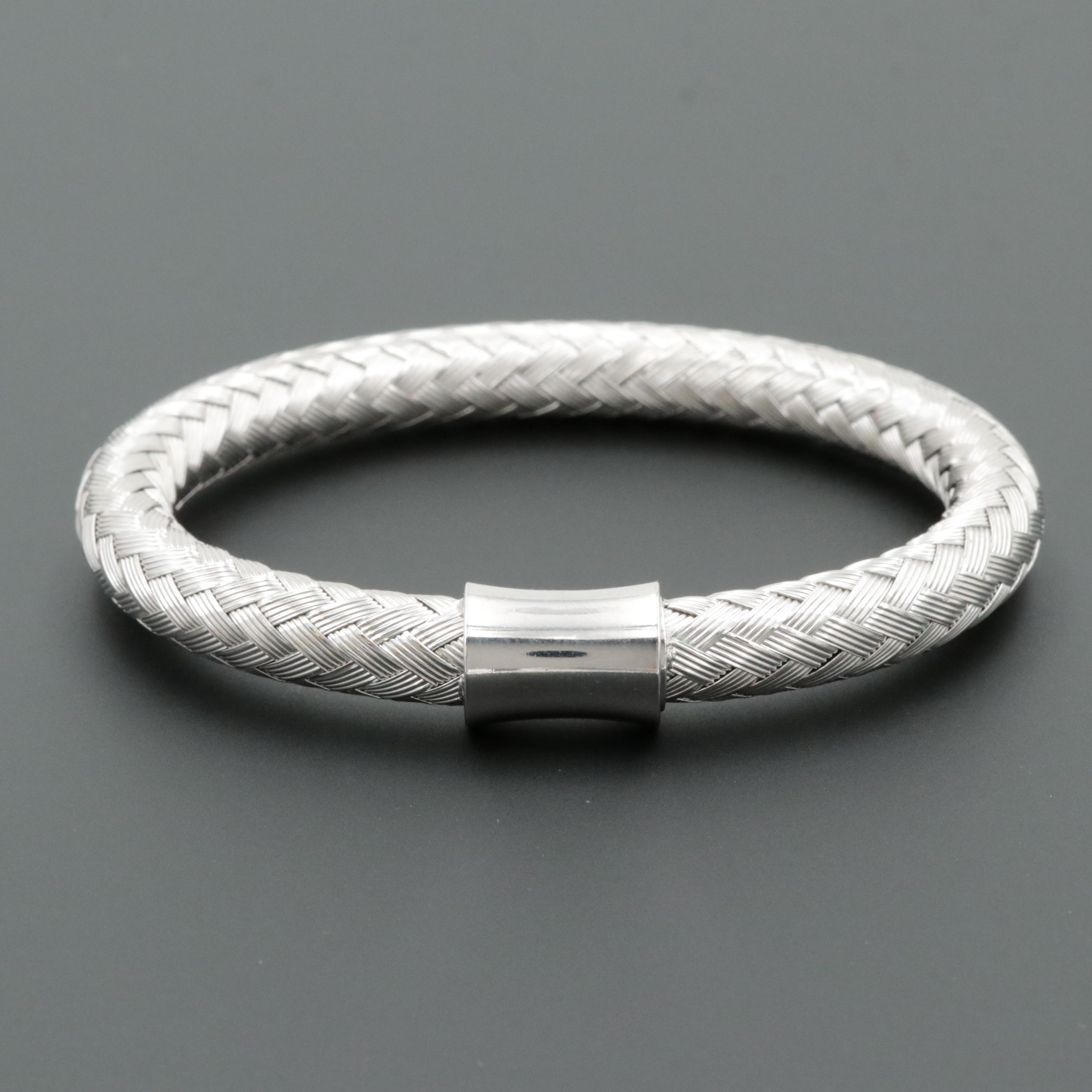 Silver Tone Woven Flexible Bangle Bracelet