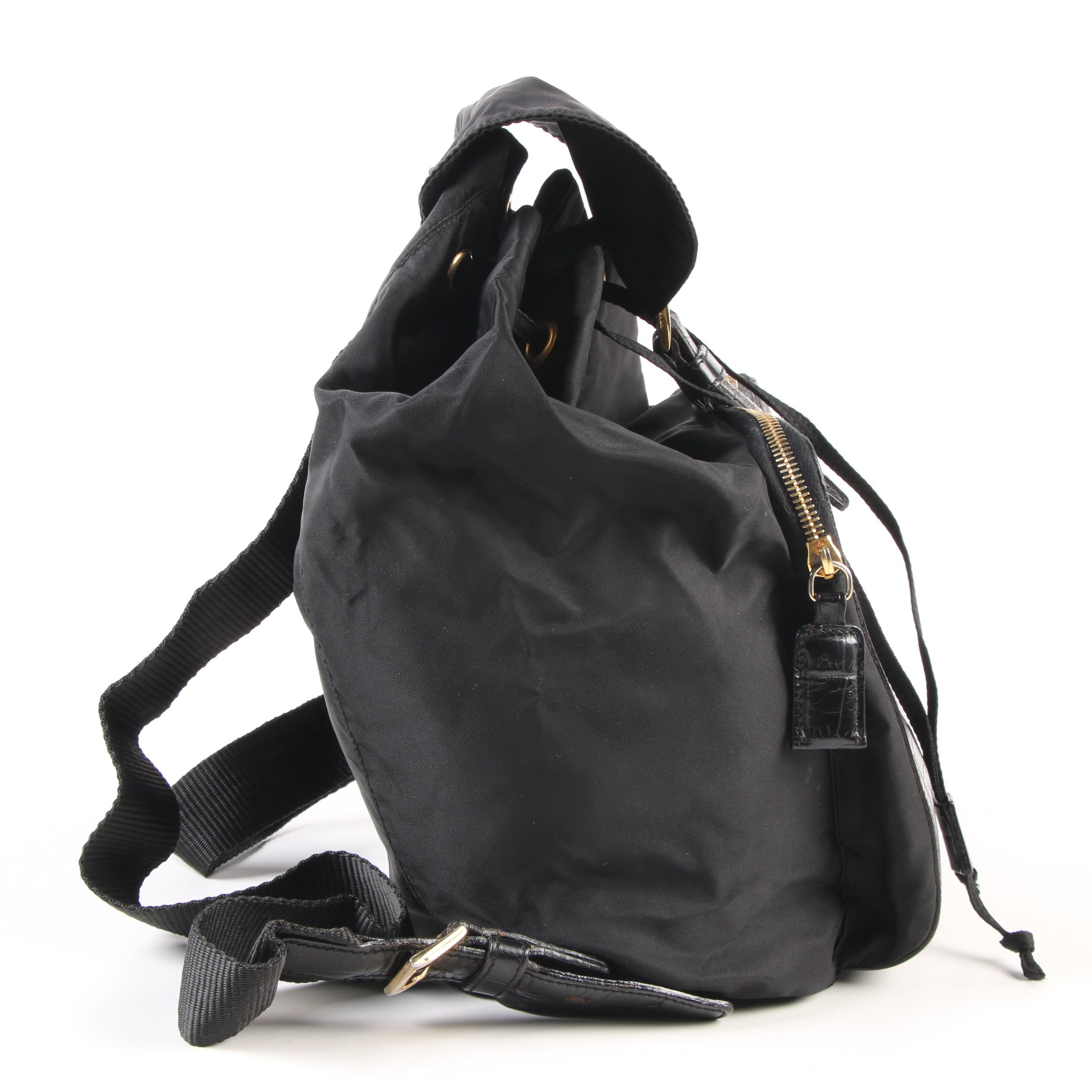 Prada Black Nylon and Alligator Embossed Leather Backpack