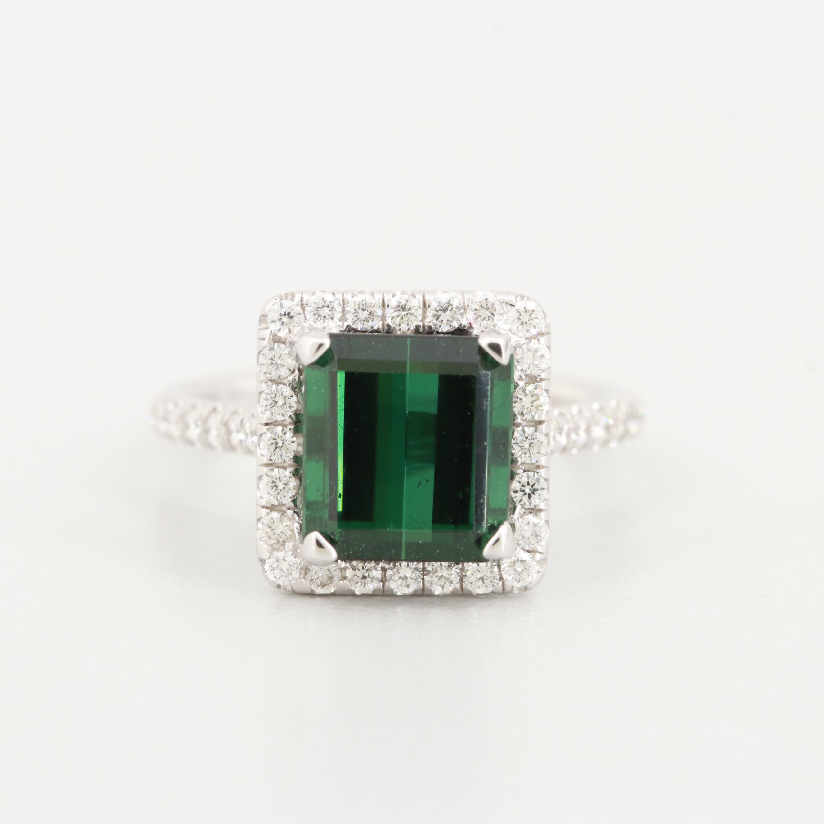 Uneek 14K White Gold Green Tourmaline and Diamond Ring