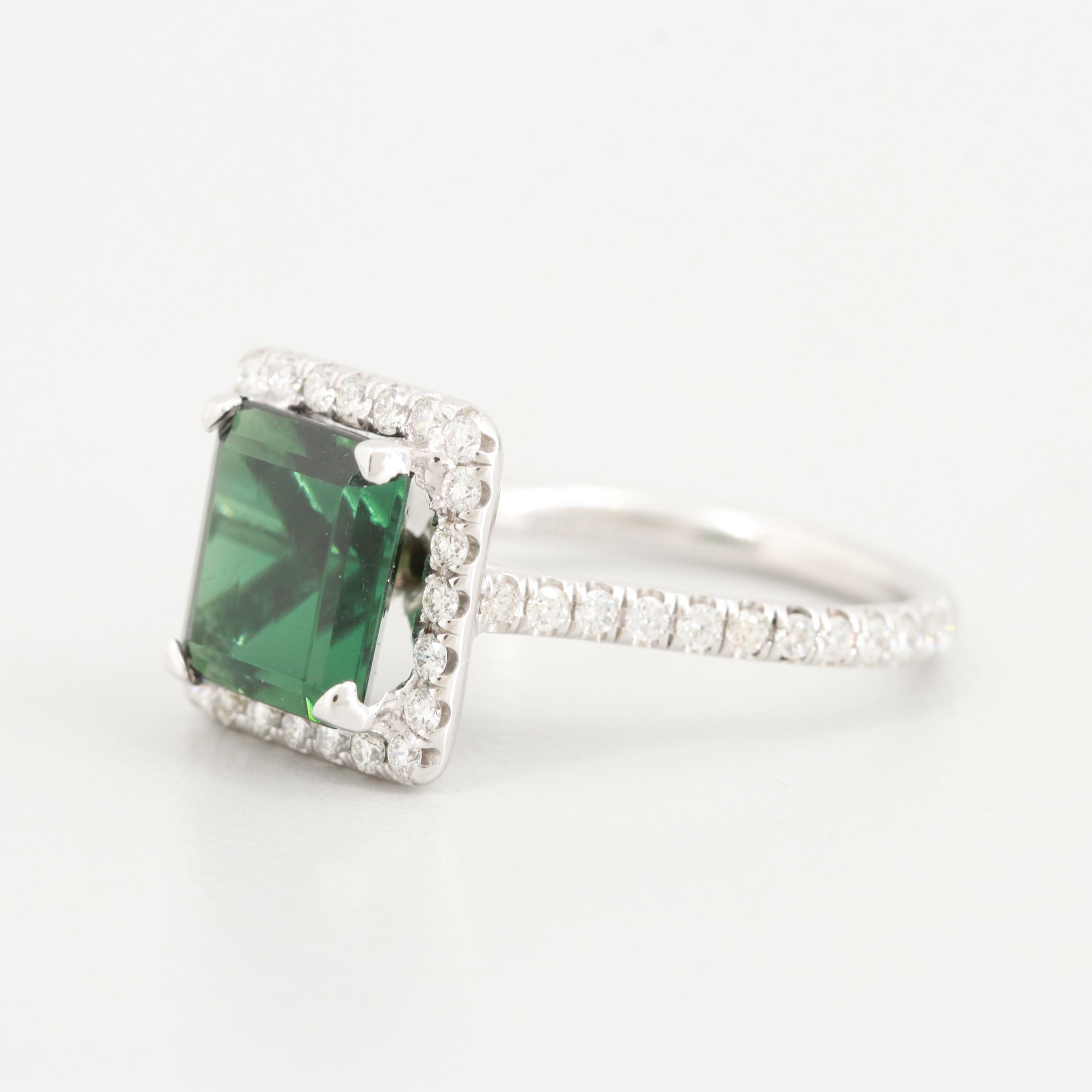 Uneek 14K White Gold Green Tourmaline and Diamond Ring