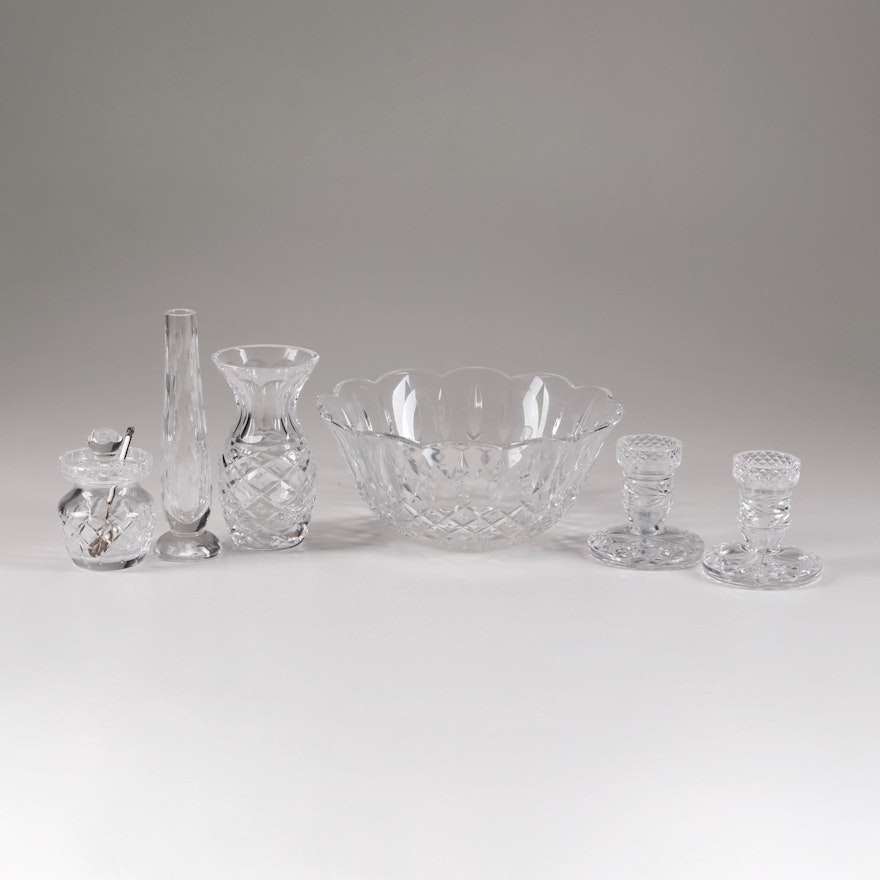 Waterford Crystal Vases, Candle Holders, Honey Jar and Other Tableware