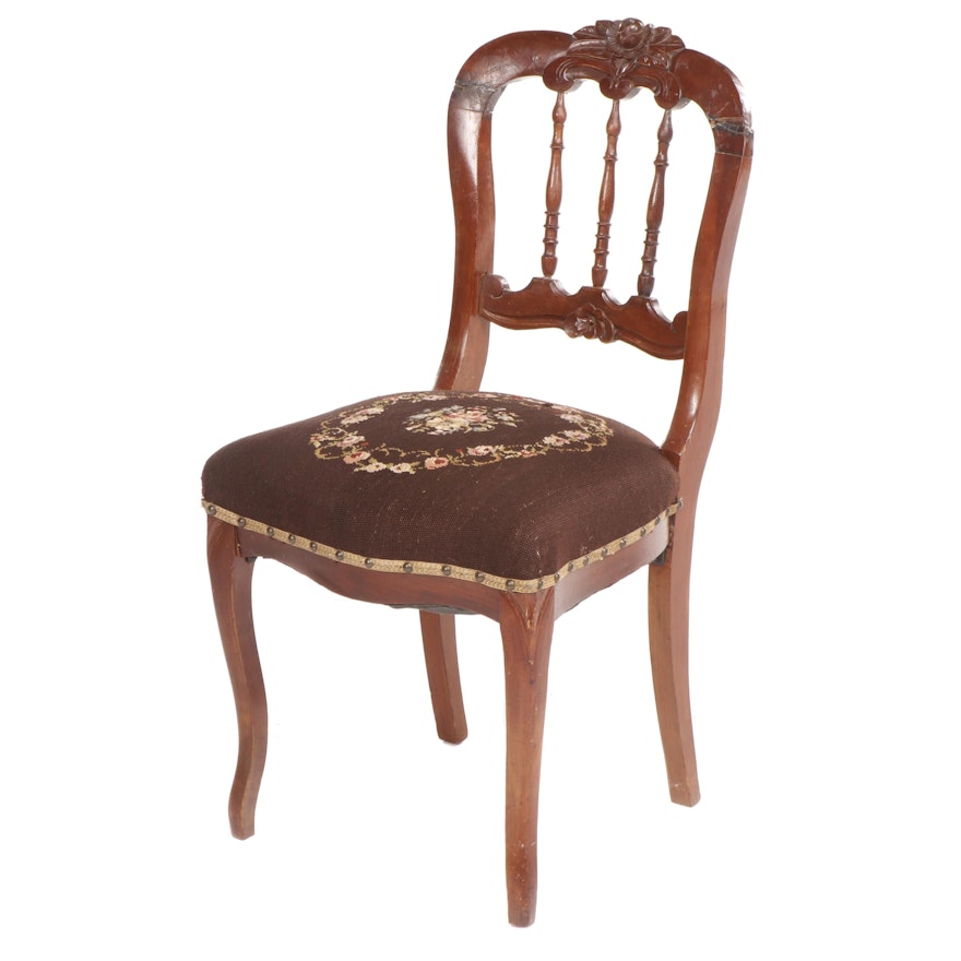 Victorian Carved Walnut Parlor Chair with Floral Needlepoint Upholstered Seat