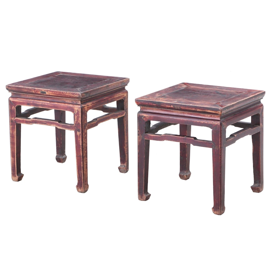 Chinese Red Washed Elm Wood End Tables, 20th Century
