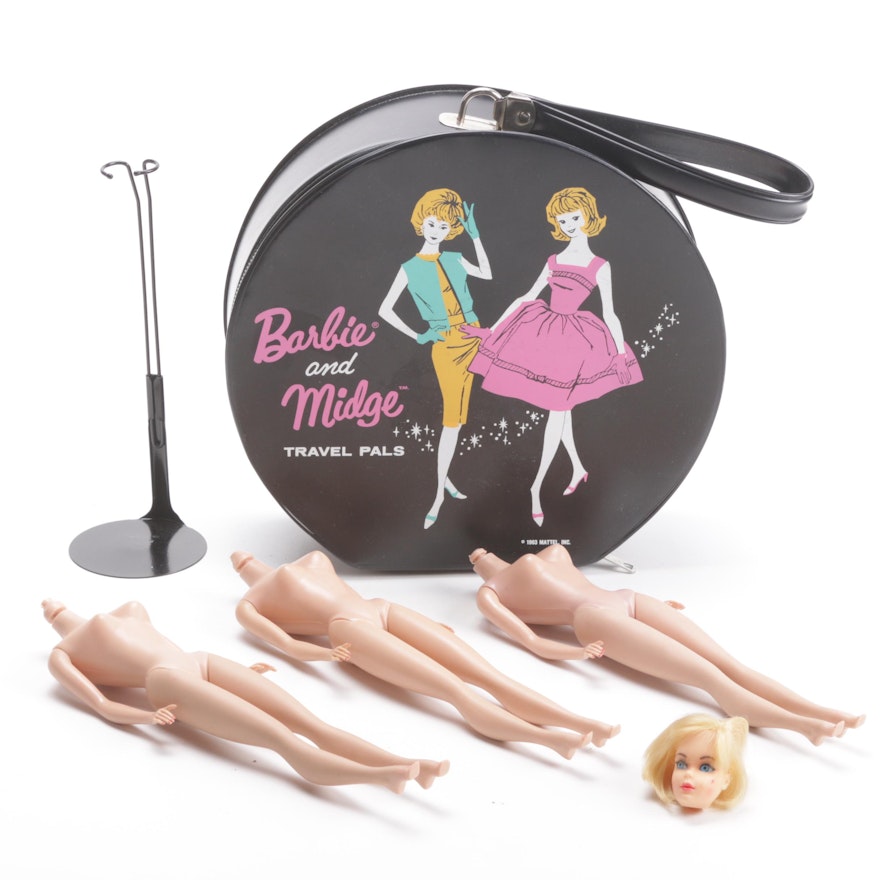 Circa 1962 Straight Leg Barbie Bodies, Barbie "Hair Fair" Head and Travel Case