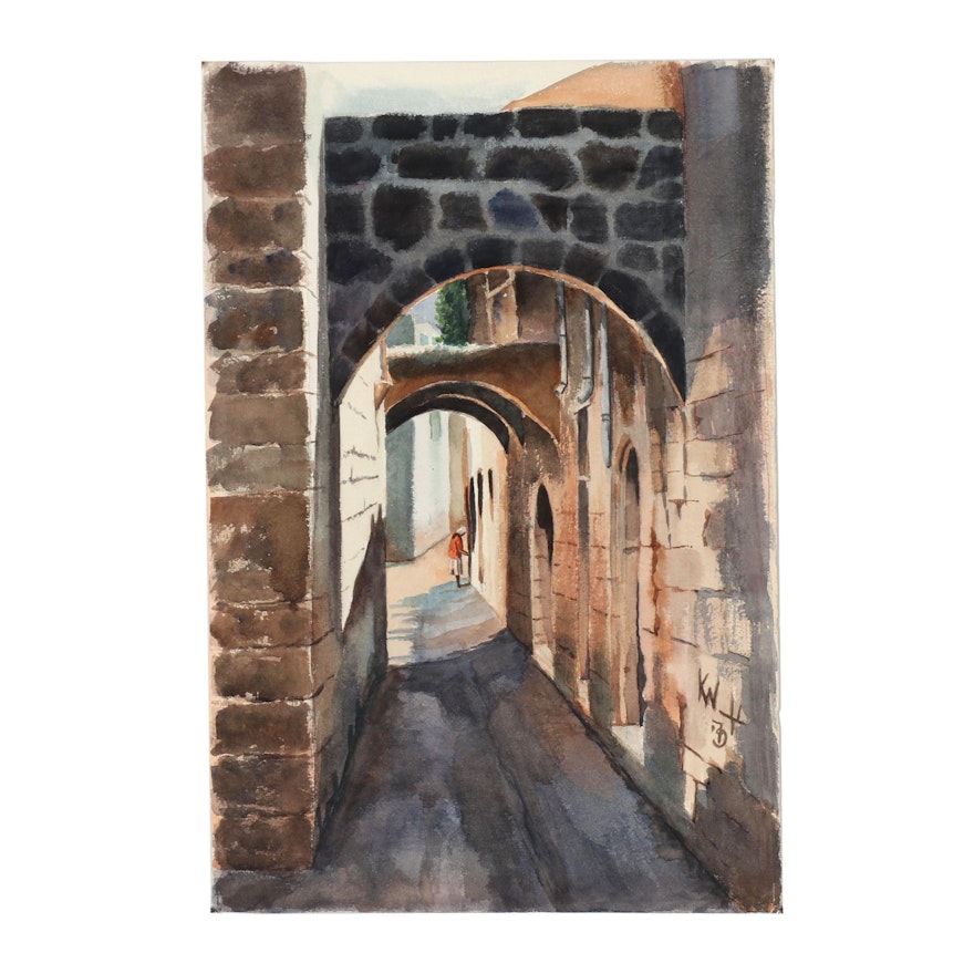 Late 20th Century Watercolor Painting of an Alleyway