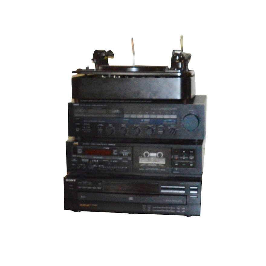 Garrad Turntable, Yamaha Receiver, JVC Cassette Deck and SONY Disc Player